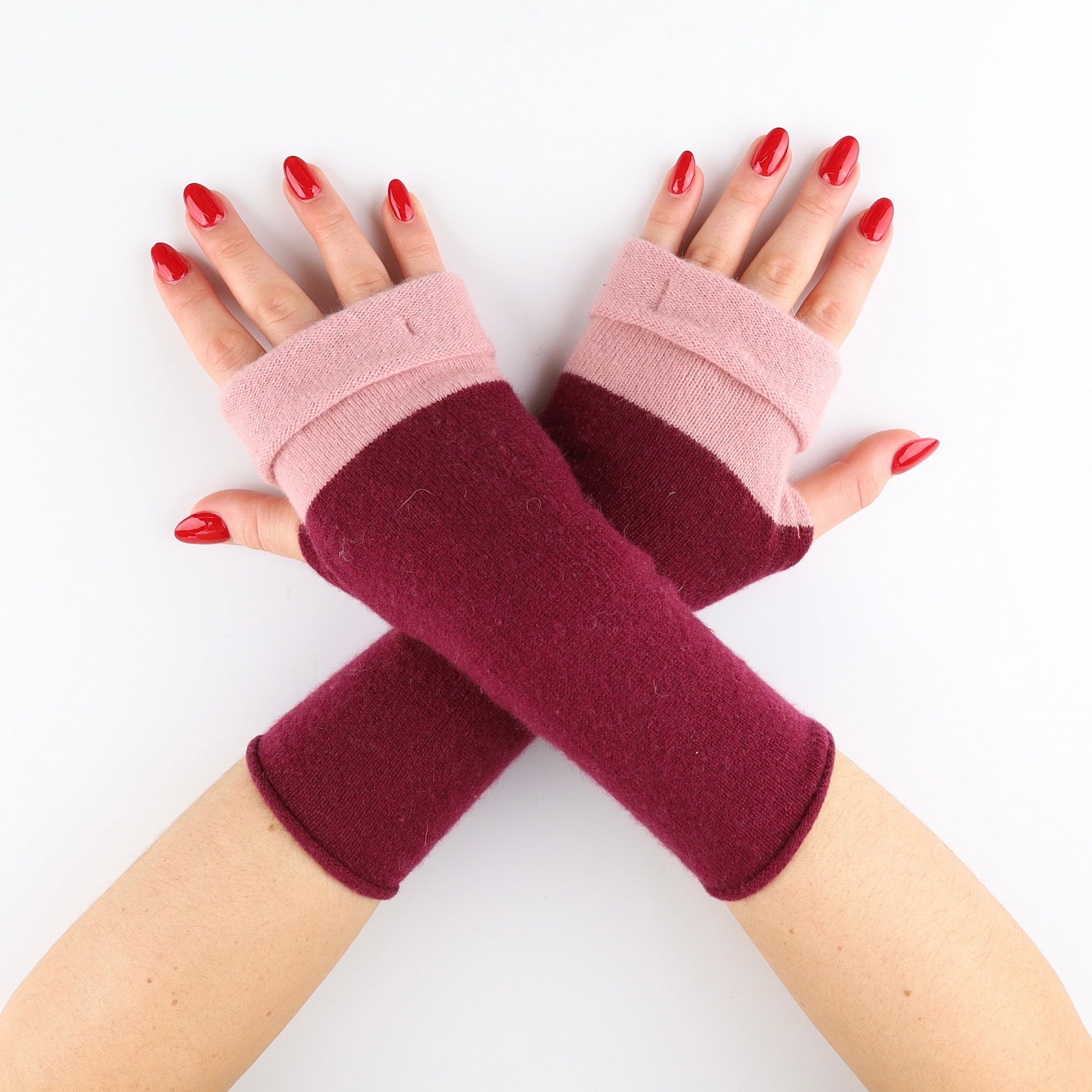Dusty Pink and Wine Block Colour Fingerless Gloves