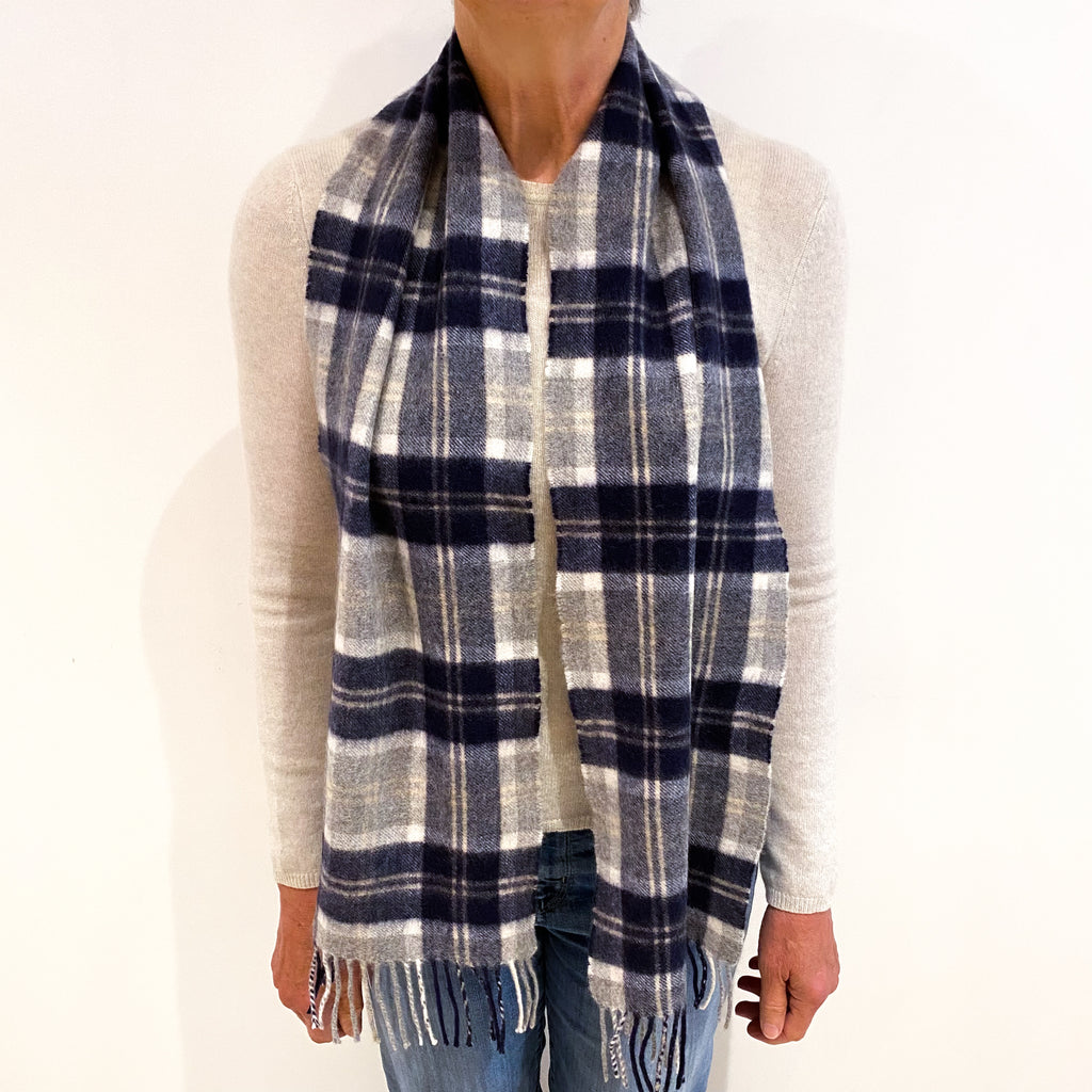 Midnight Blue Checked Cashmere Woven Fringed Scarf