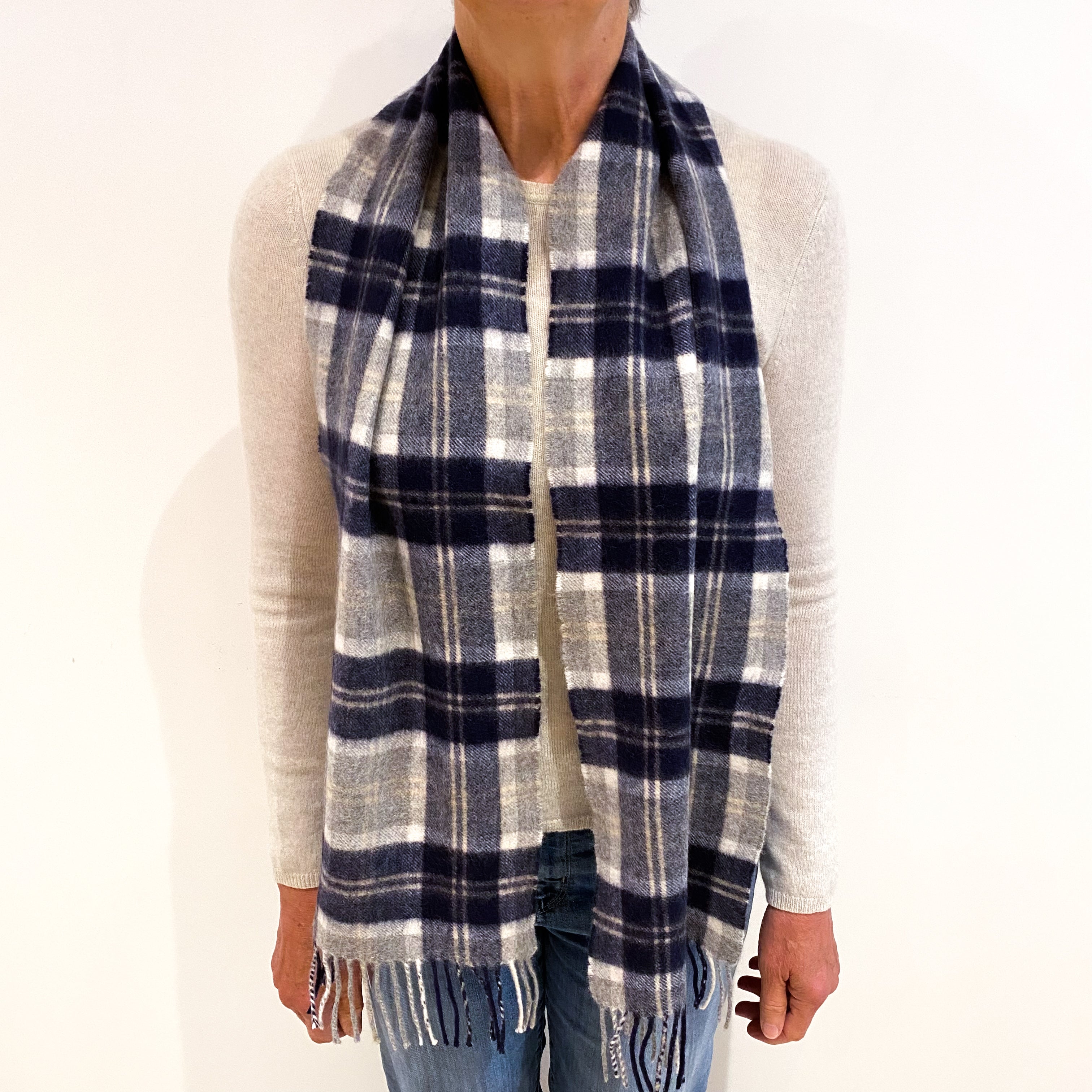 Midnight Blue Checked Cashmere Woven Fringed Scarf