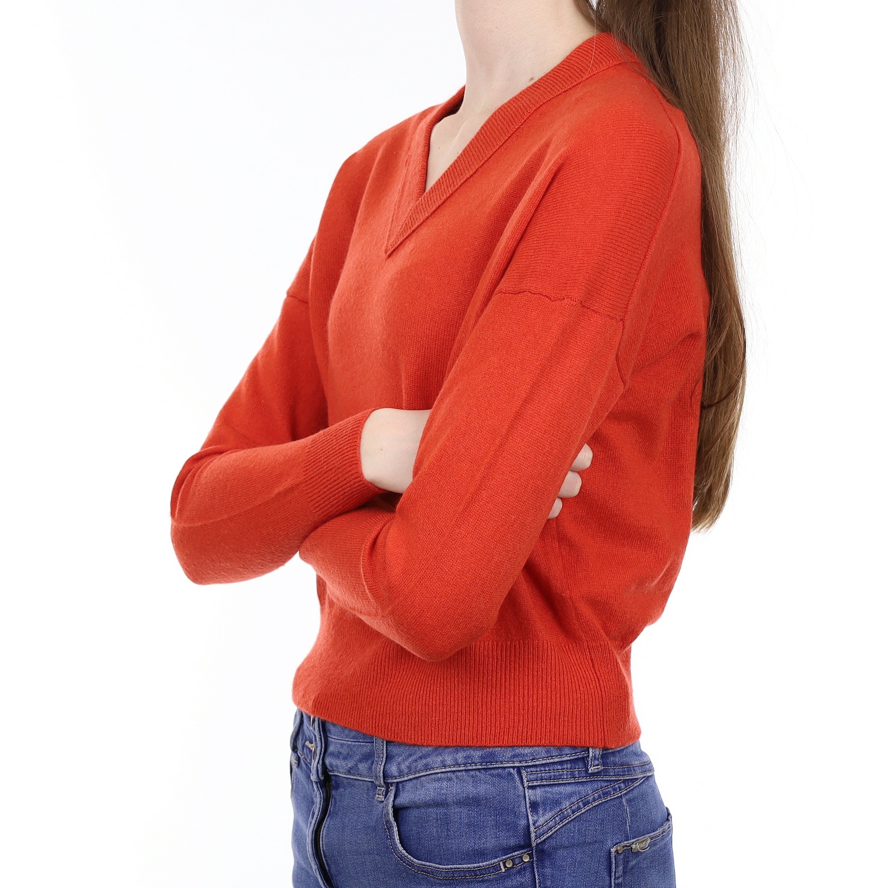 Vermillion Orange Cashmere Slouchy V Neck Jumper Extra Small