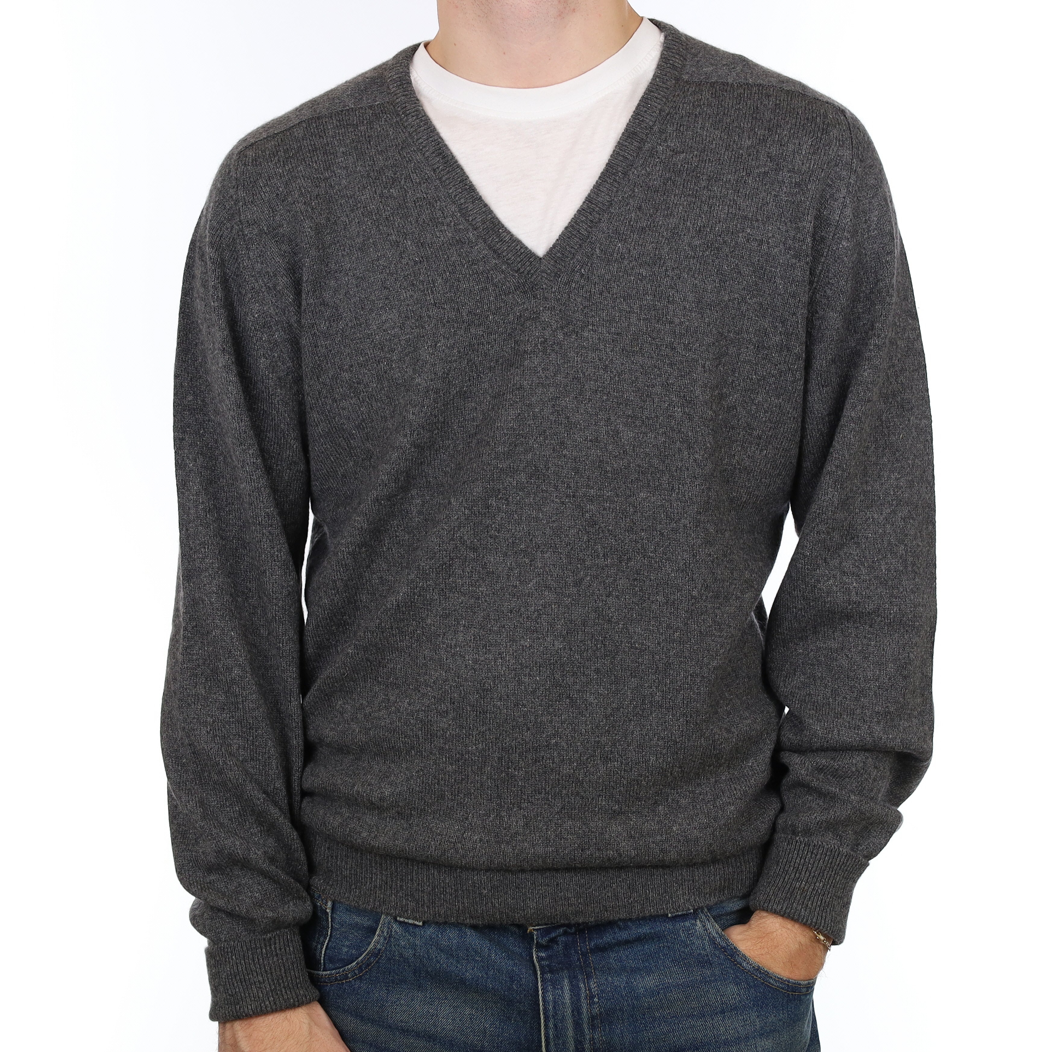 Men’s Scottish Vintage Slate Grey Cashmere V Neck Jumper Large