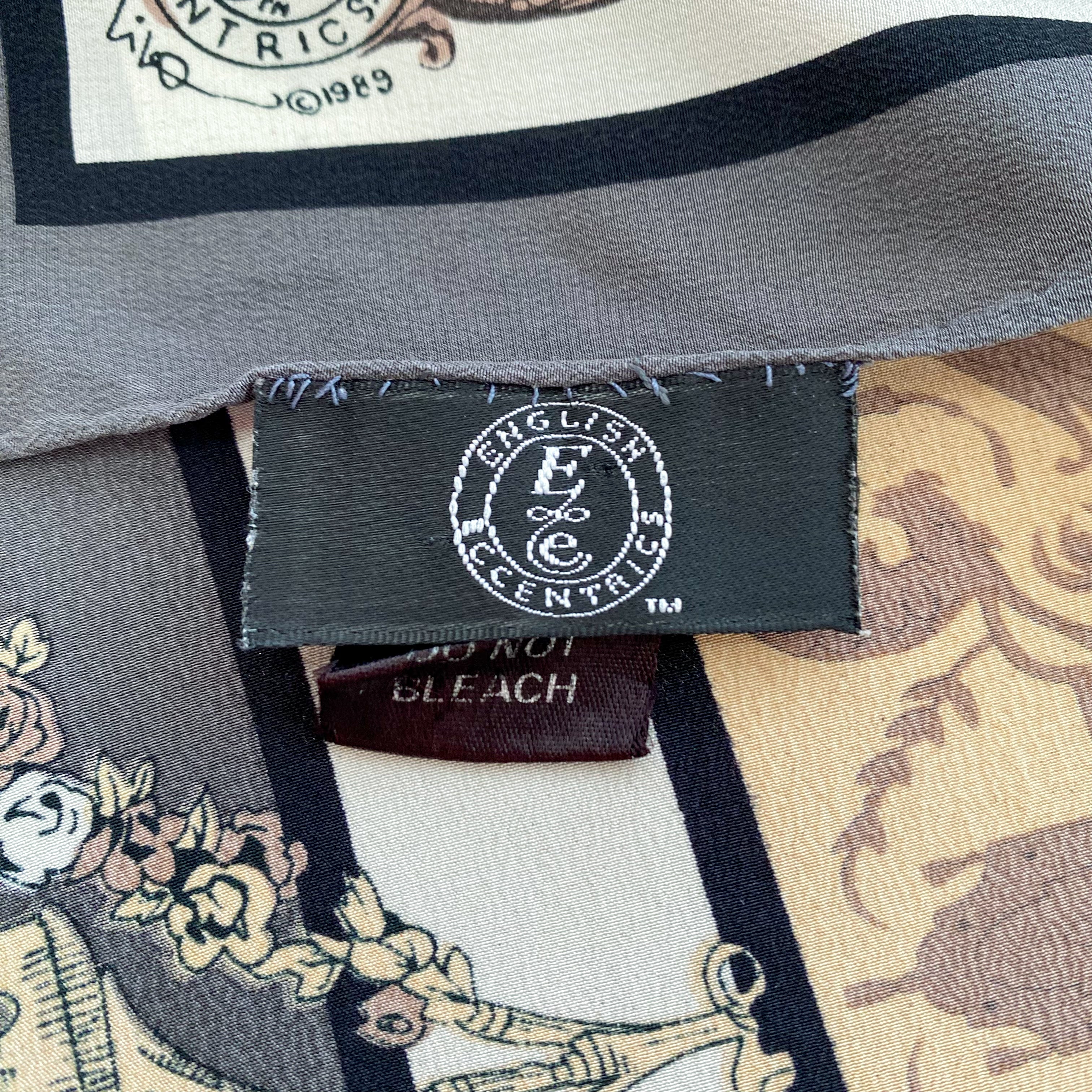Vintage English Eccentrics Designer Black and Taupe Silk Scarf