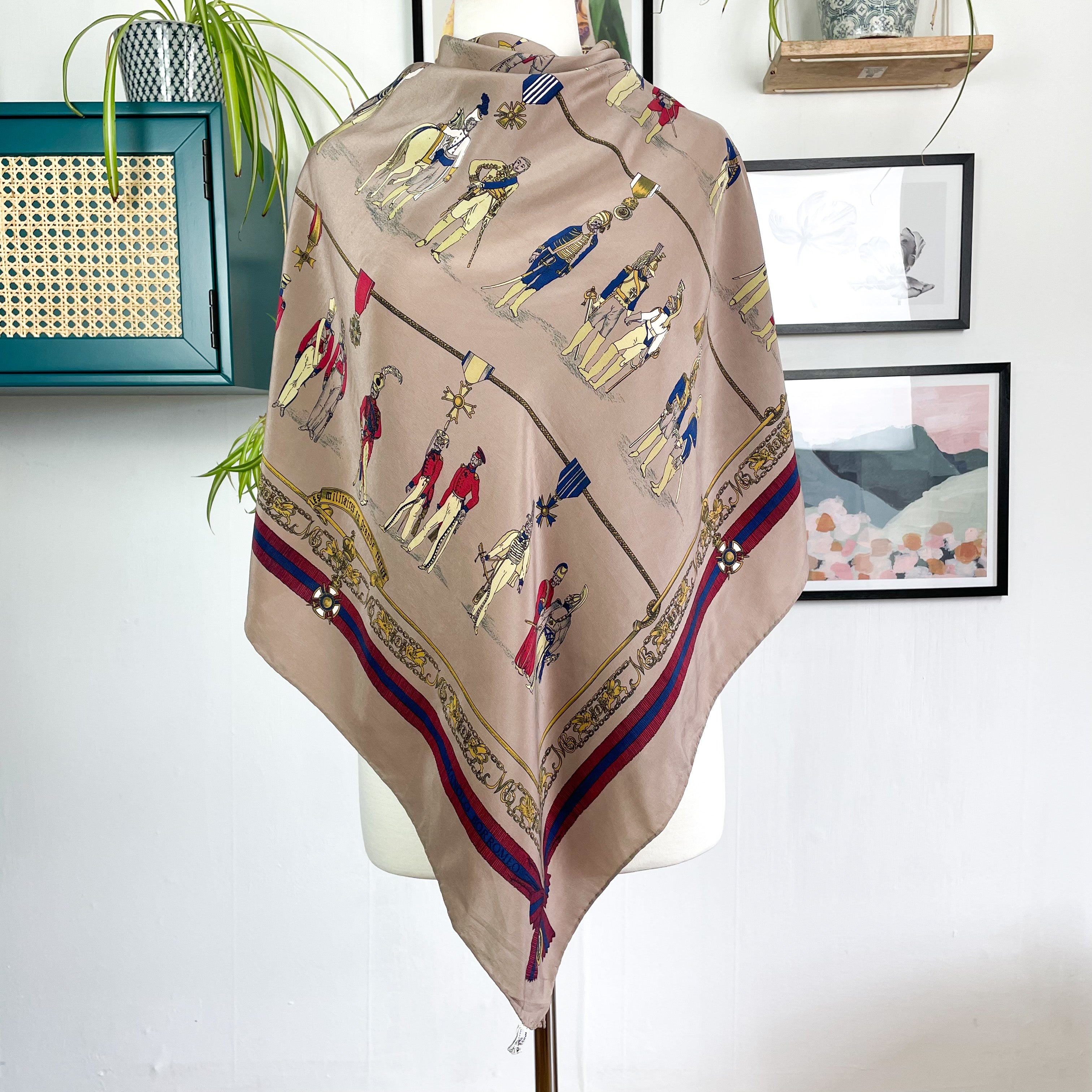 1970s Military Design Italian Vintage Silk Scarf