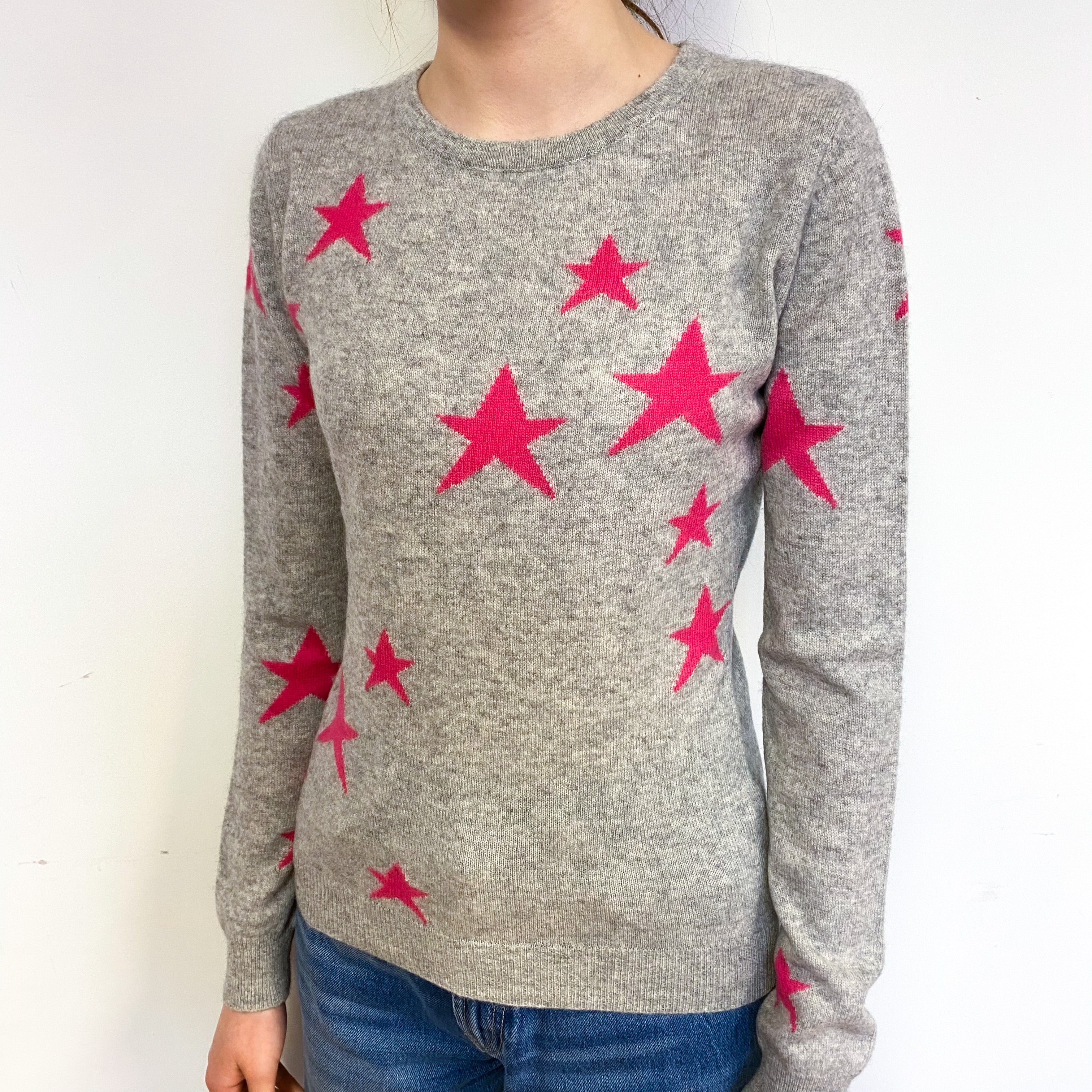 Smoke Grey Pink Star Cashmere Crew Neck Jumper Extra Small