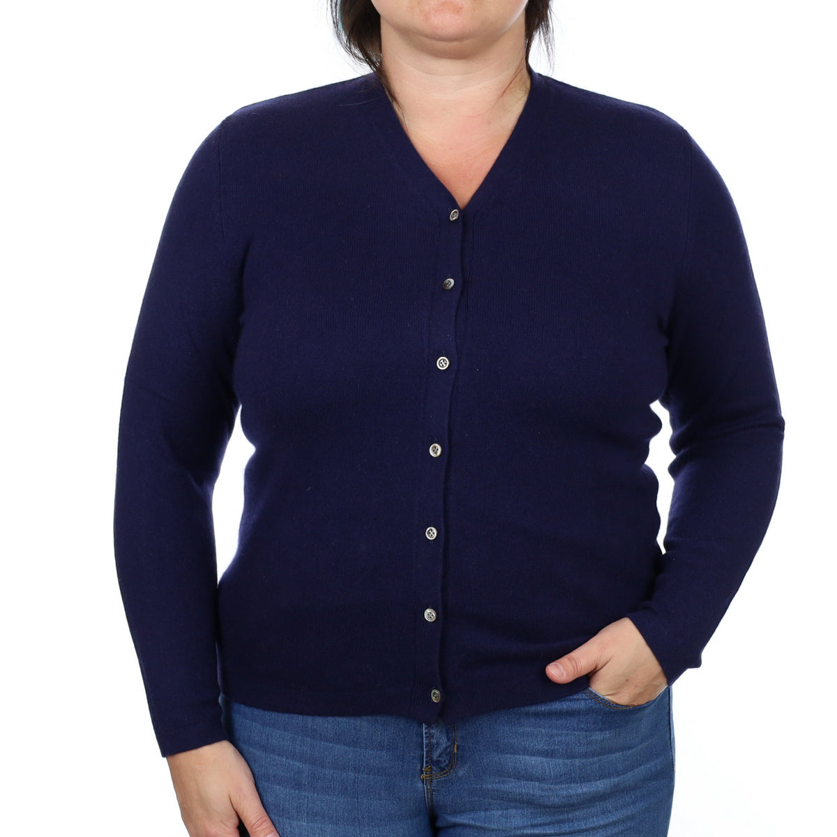 French Navy Cashmere V Neck Cardigan Large