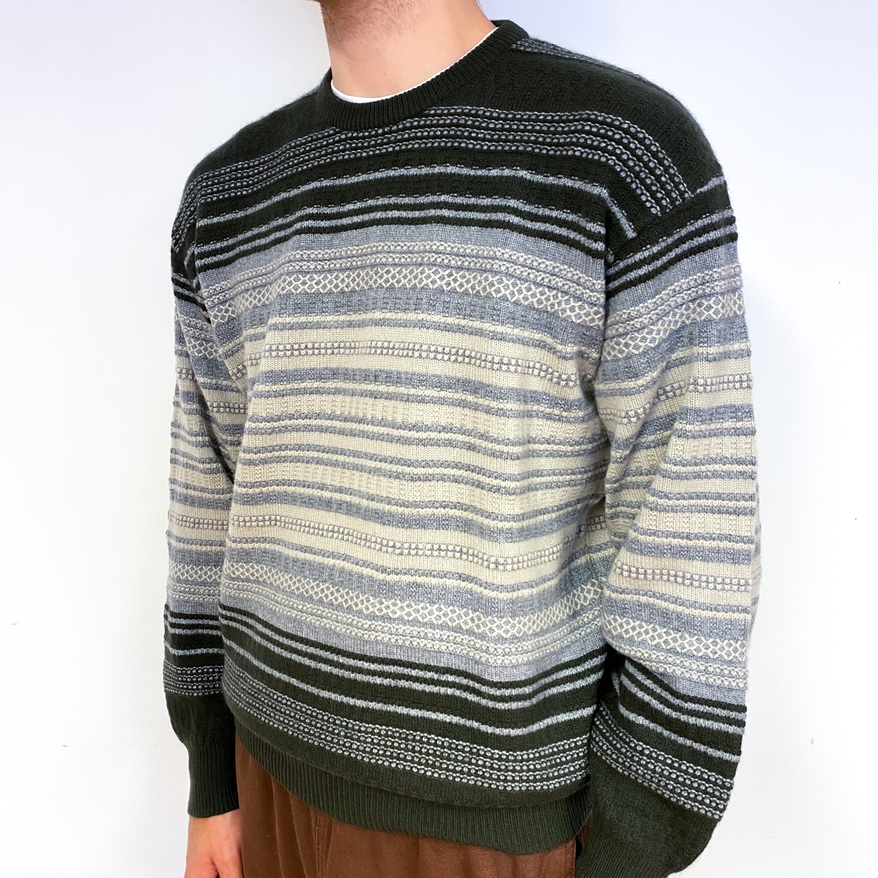 Men's Forest Green Grey Textured Stripe Cashmere Crew Neck Jumper Large