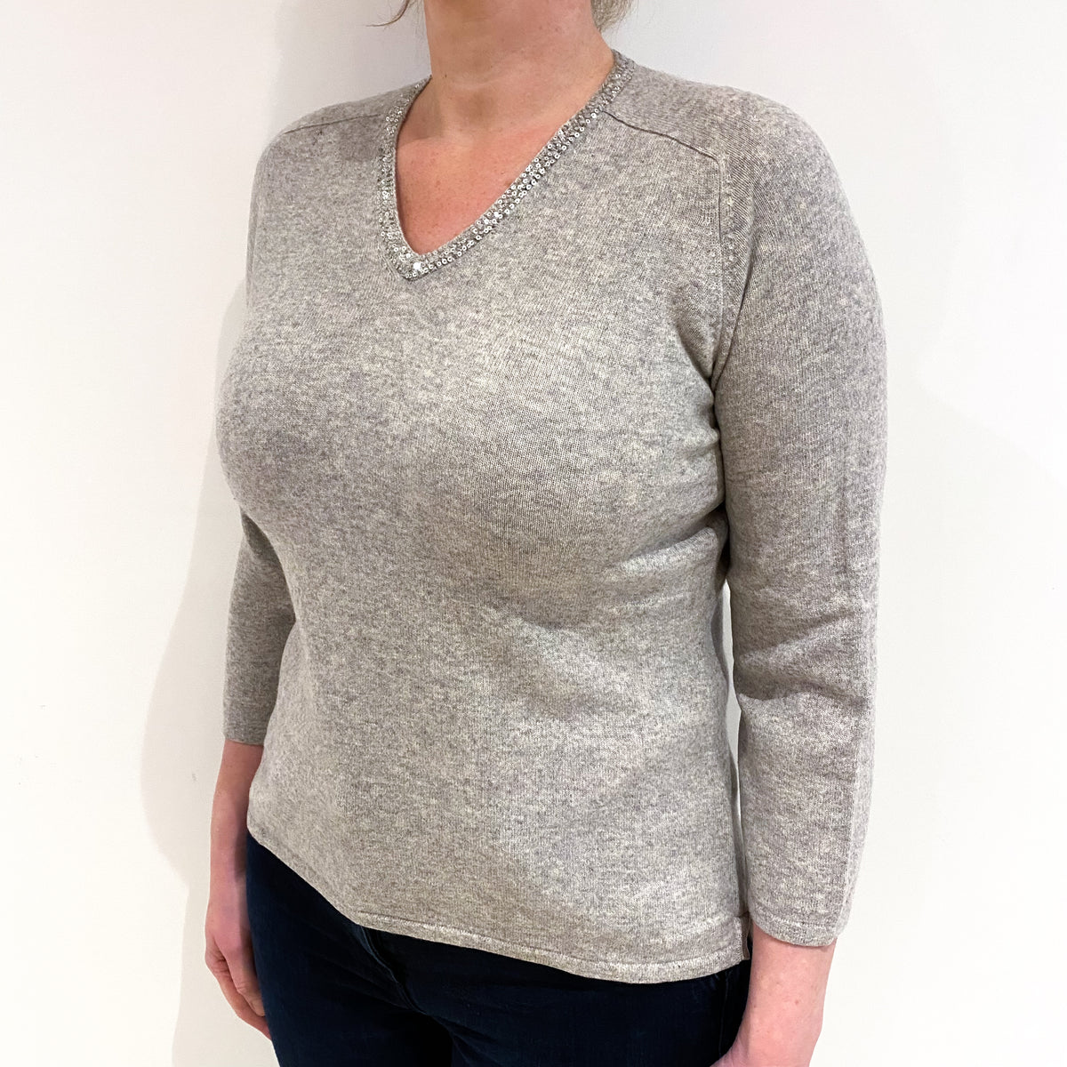 Smoke Grey Sequinned Cashmere V-Neck Jumper Large