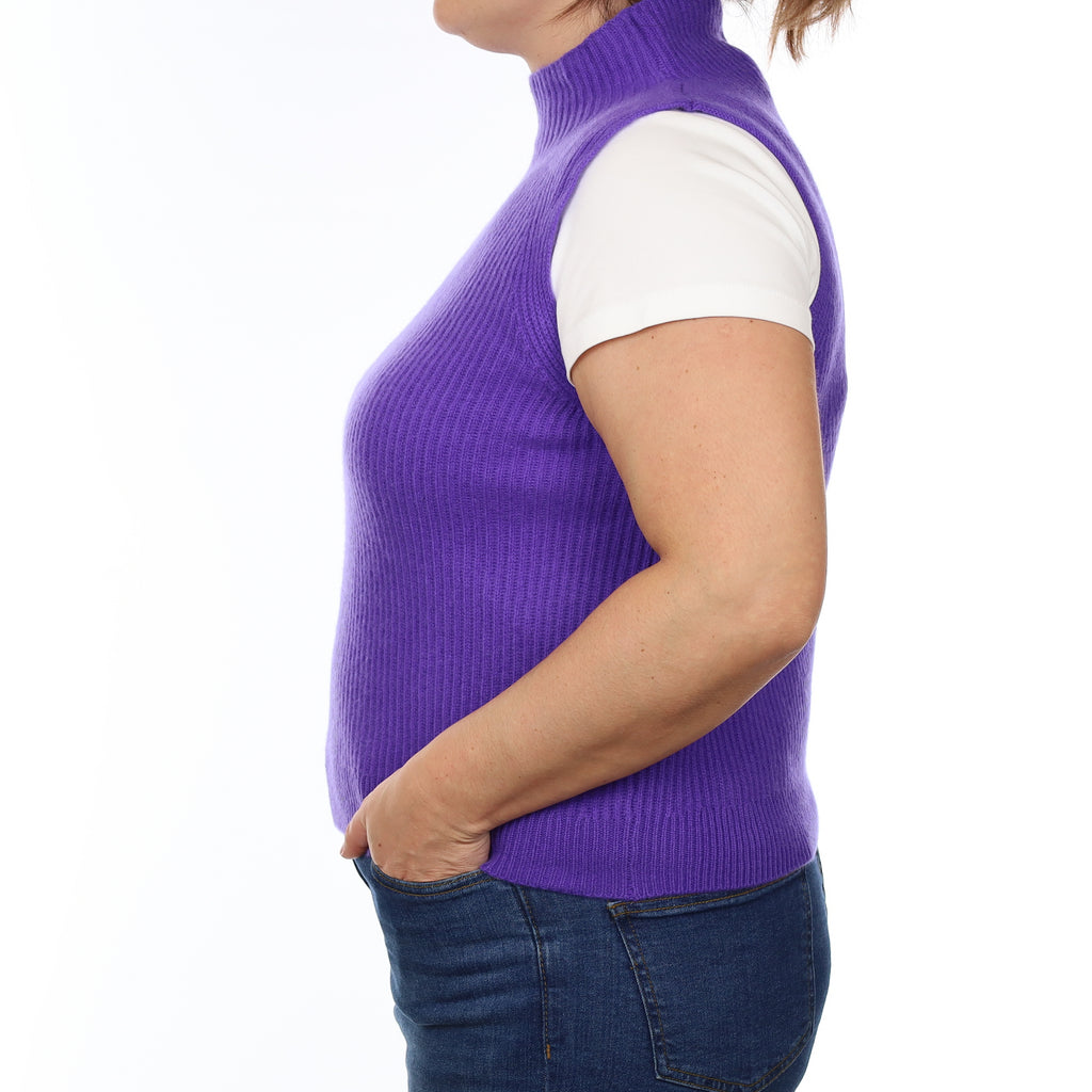 Pansy Purple Rib Cashmere Sleeveless Turtle Neck Jumper Large