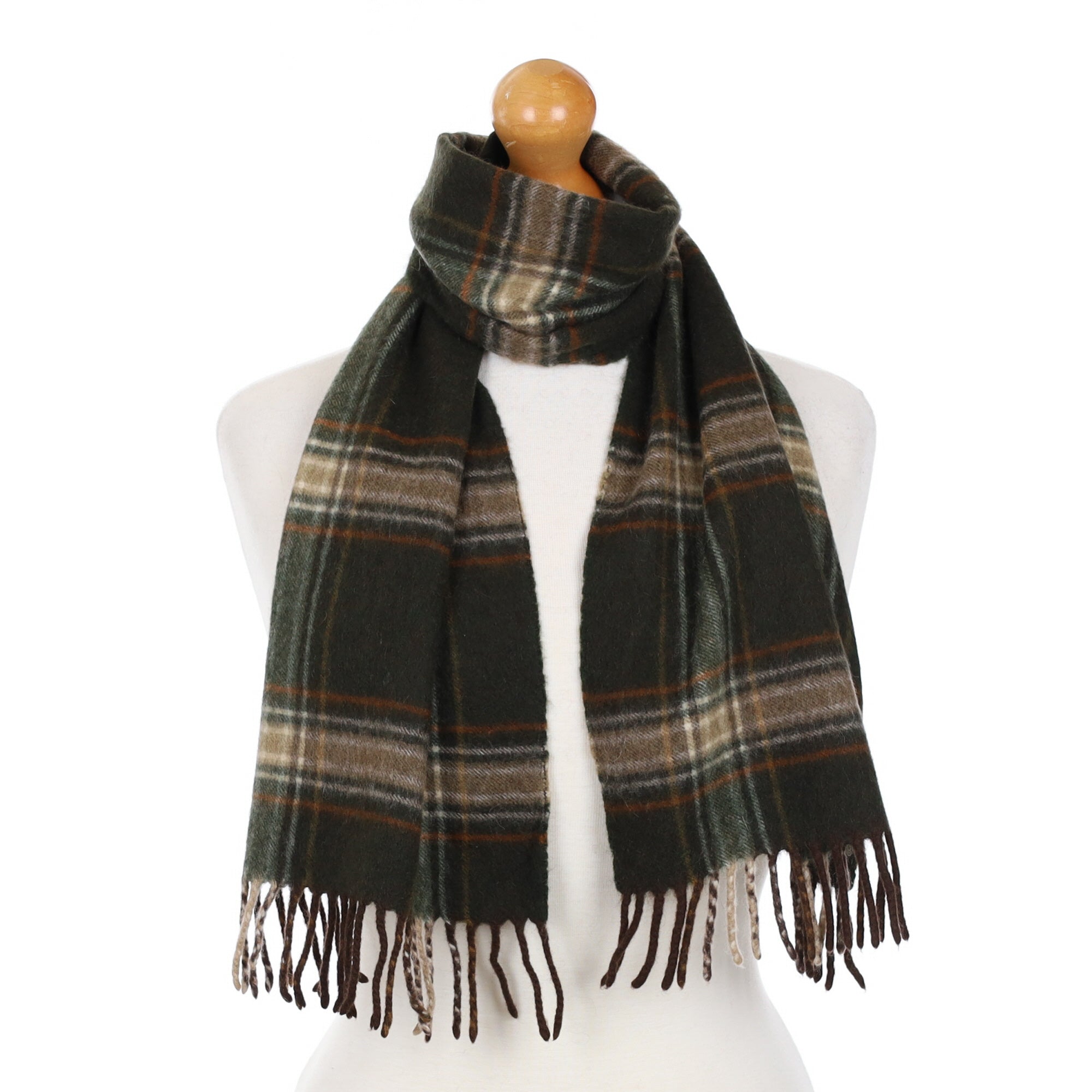 Bottle Green Checked Cashmere Fringed Woven Scarf