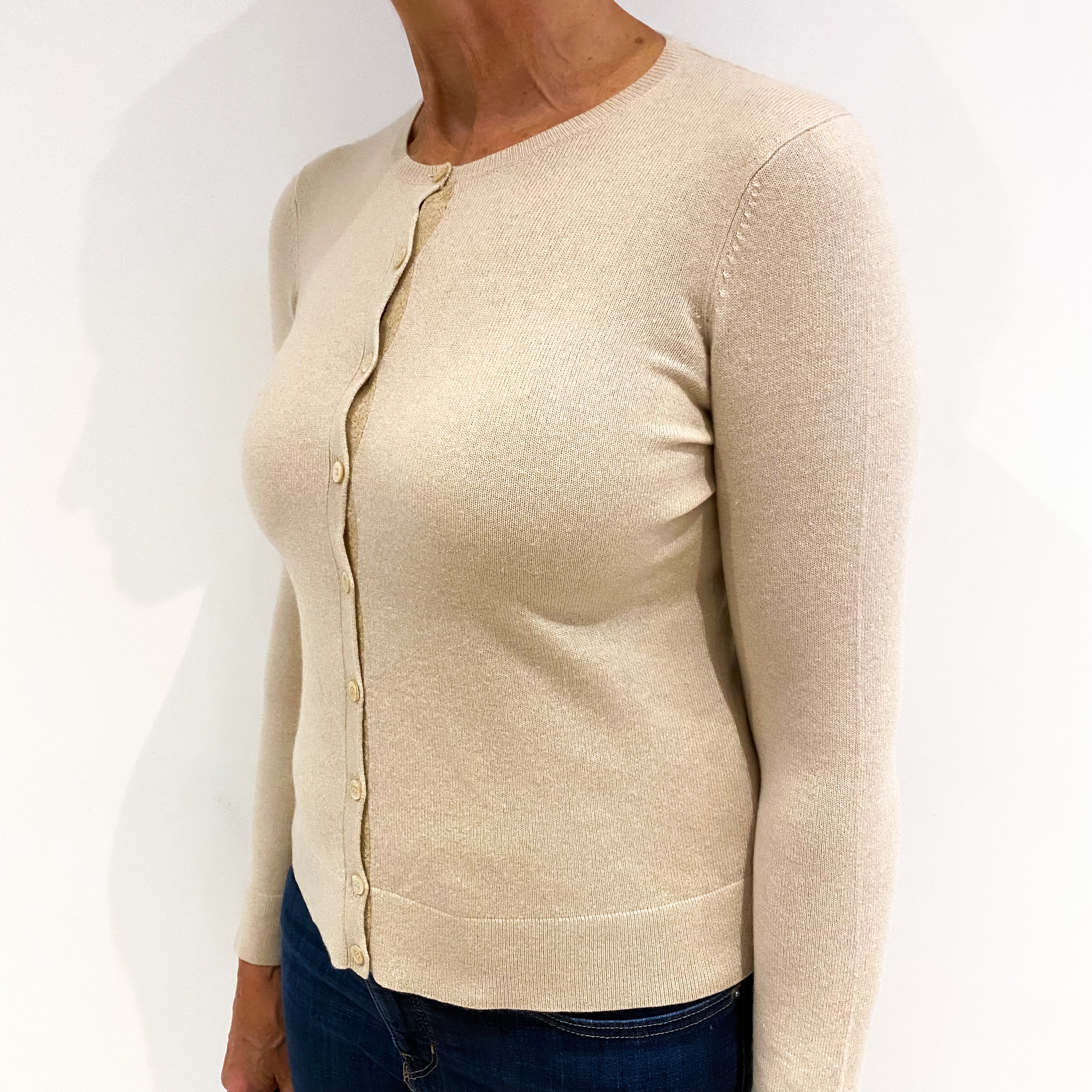Pale Biscuit Brown Cashmere Crew Neck Cardigan Medium