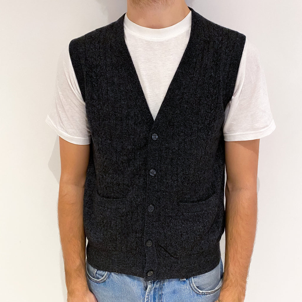 Men's Charcoal Grey Cashmere V Neck Button Up Vest Jumper Medium