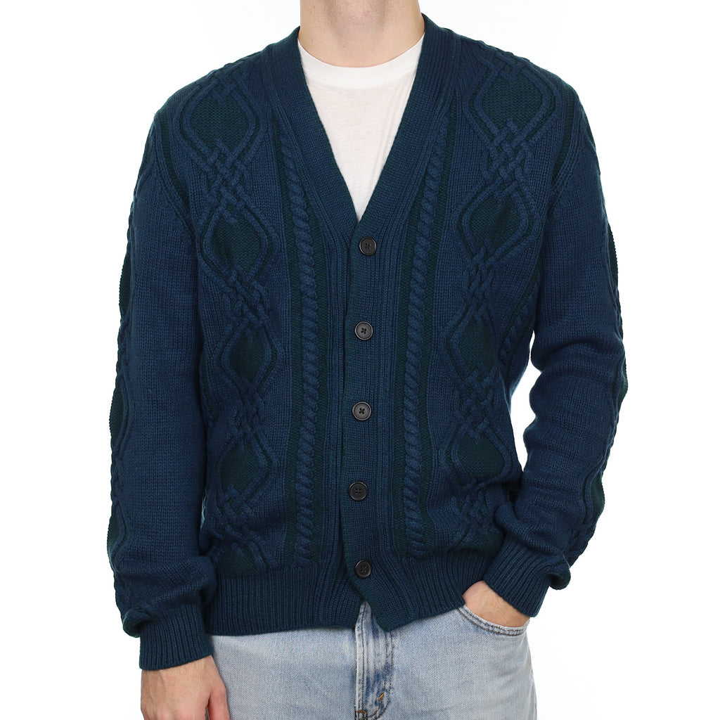 Men's Scottish Begg & Co Petrol Blue Cashmere V Neck Cardigan Large