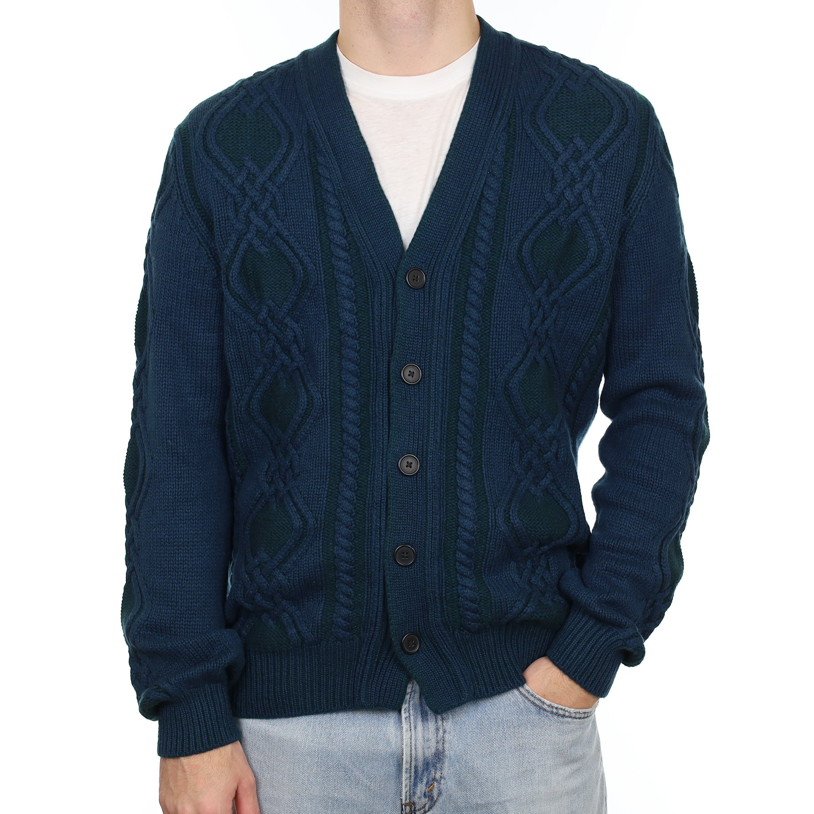 Men's Scottish Begg & Co Petrol Blue Cashmere V Neck Cardigan Large
