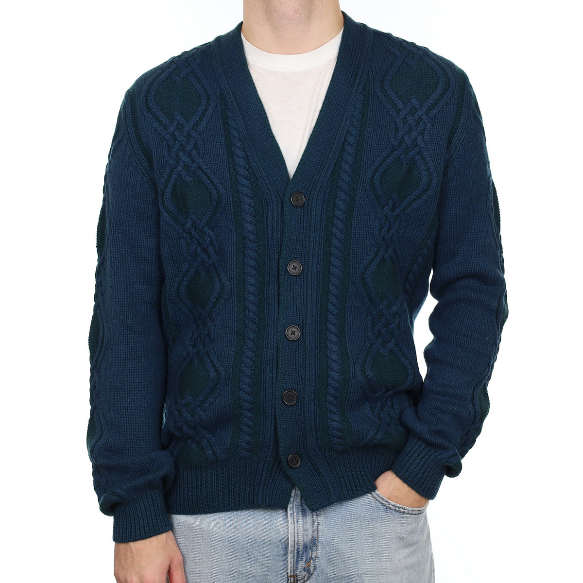 Men's Scottish Begg & Co Petrol Blue Cashmere V Neck Cardigan Large