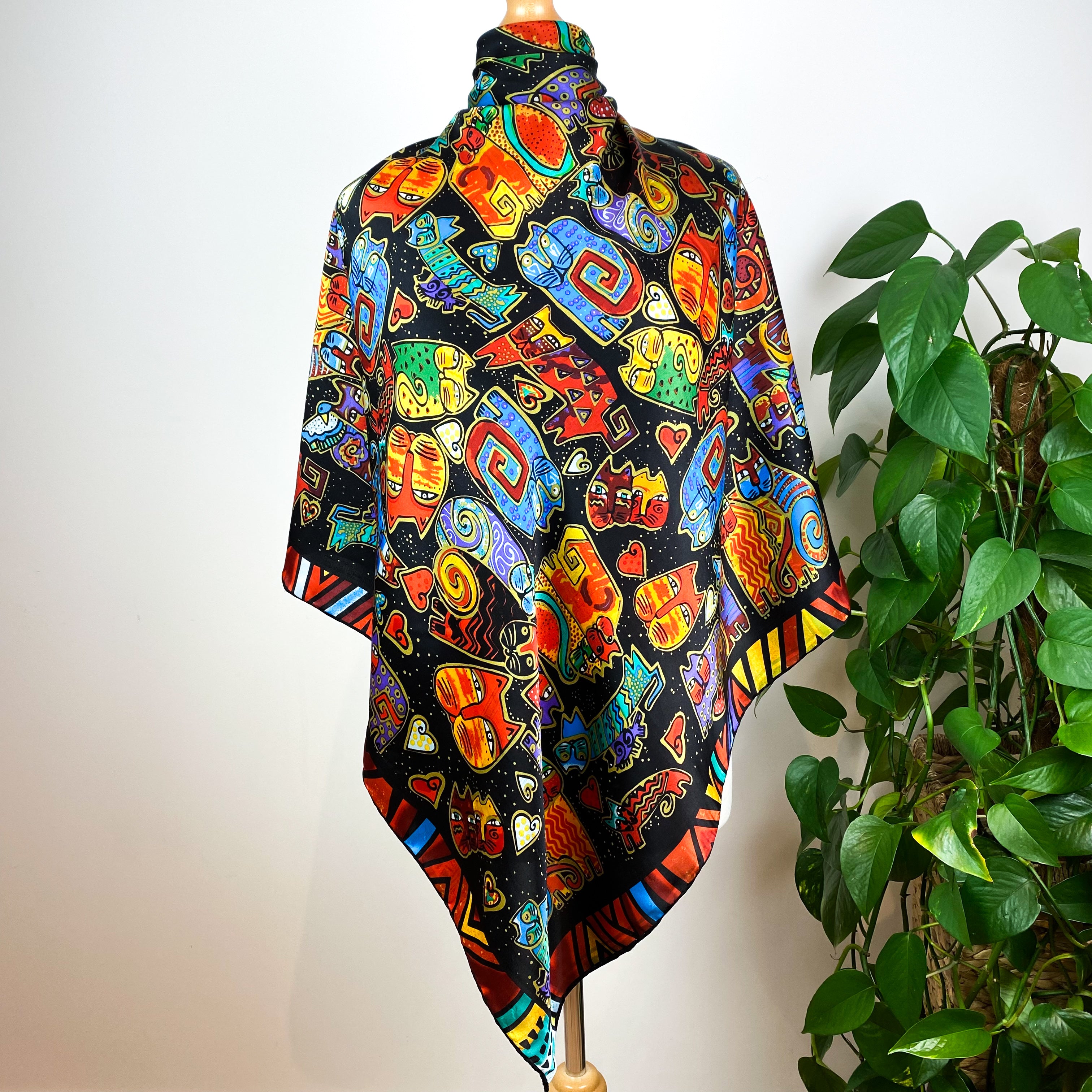 Large Colourful Cat Design Silk Scarf