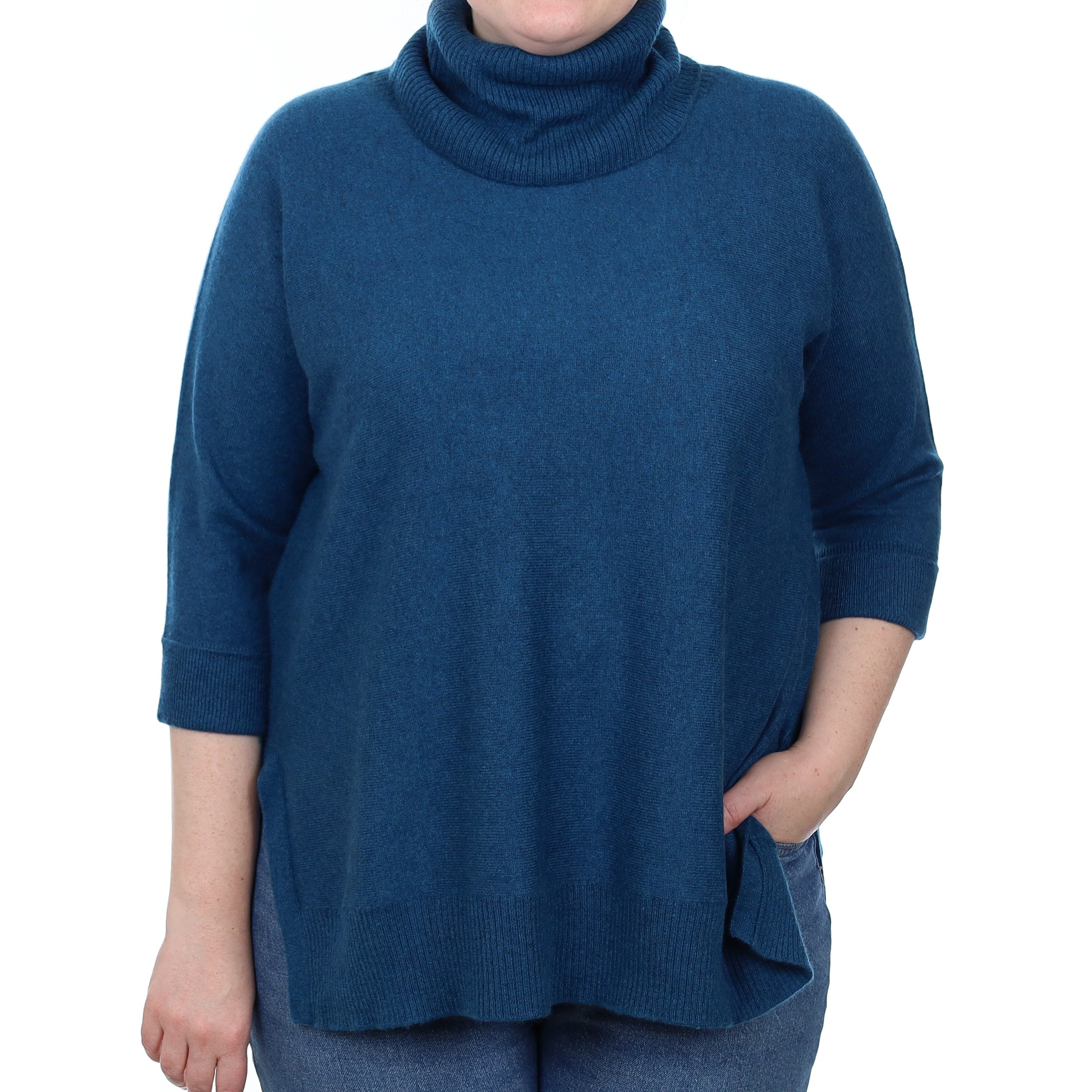 Teal Blue Cashmere Slouchy Batwing Polo Neck Jumper Large
