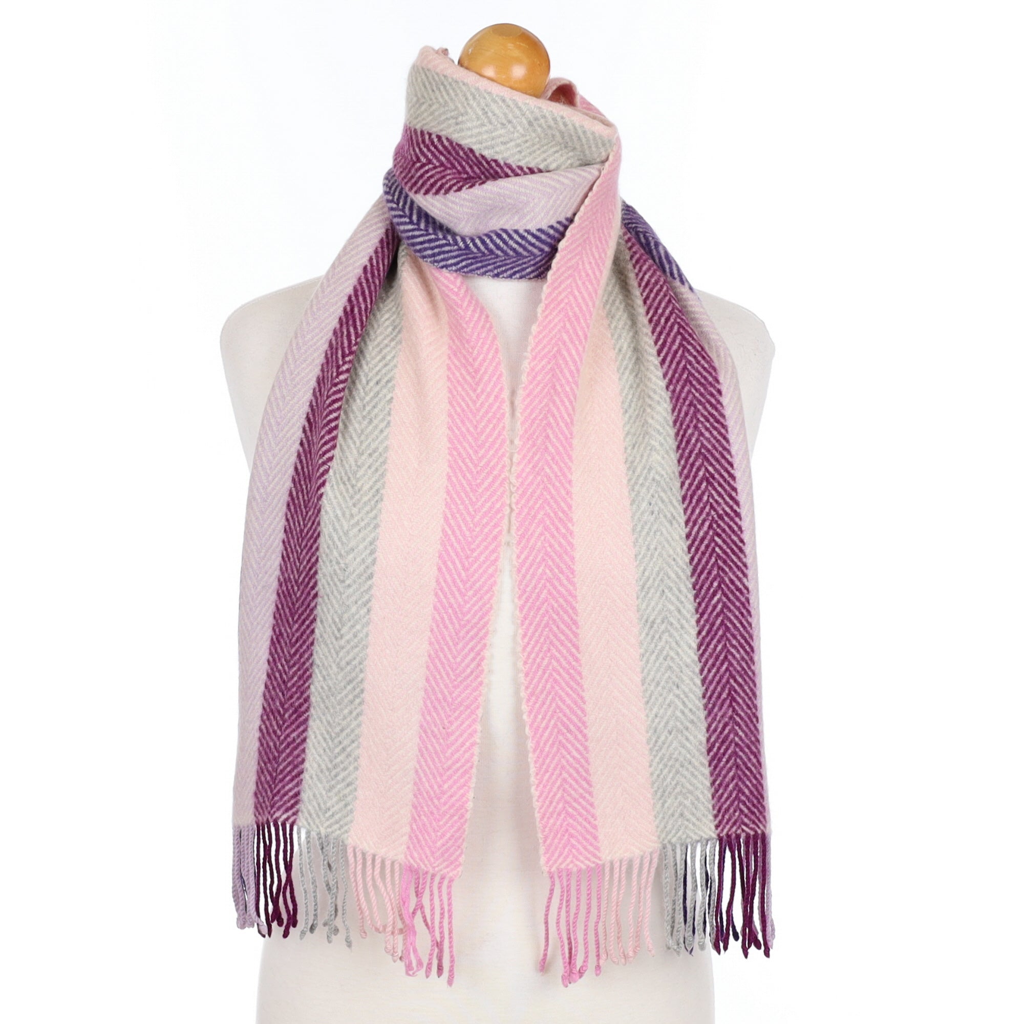 Pink and Purple Herringbone Striped Cashmere Fringed Woven Scarf
