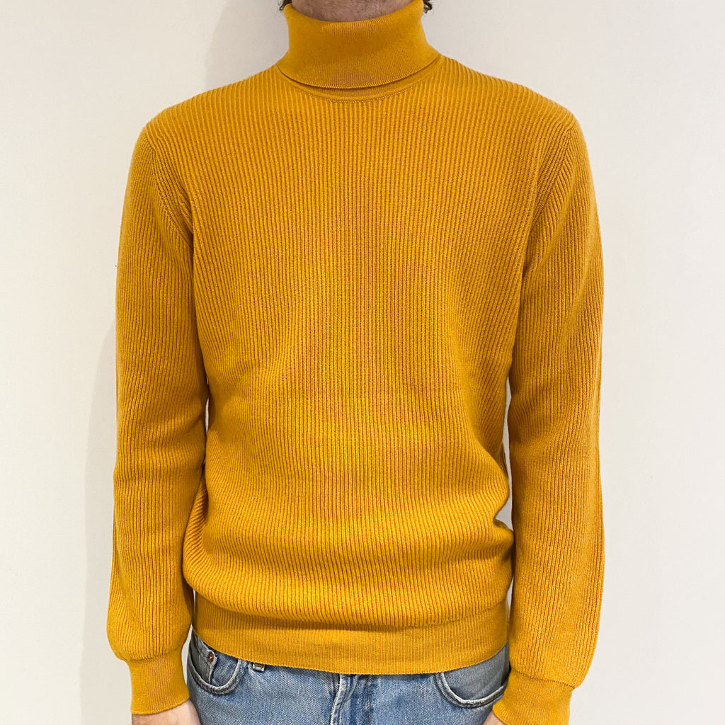Men’s Brand New Scottish Mustard Yellow Rib Polo Neck Jumper Medium