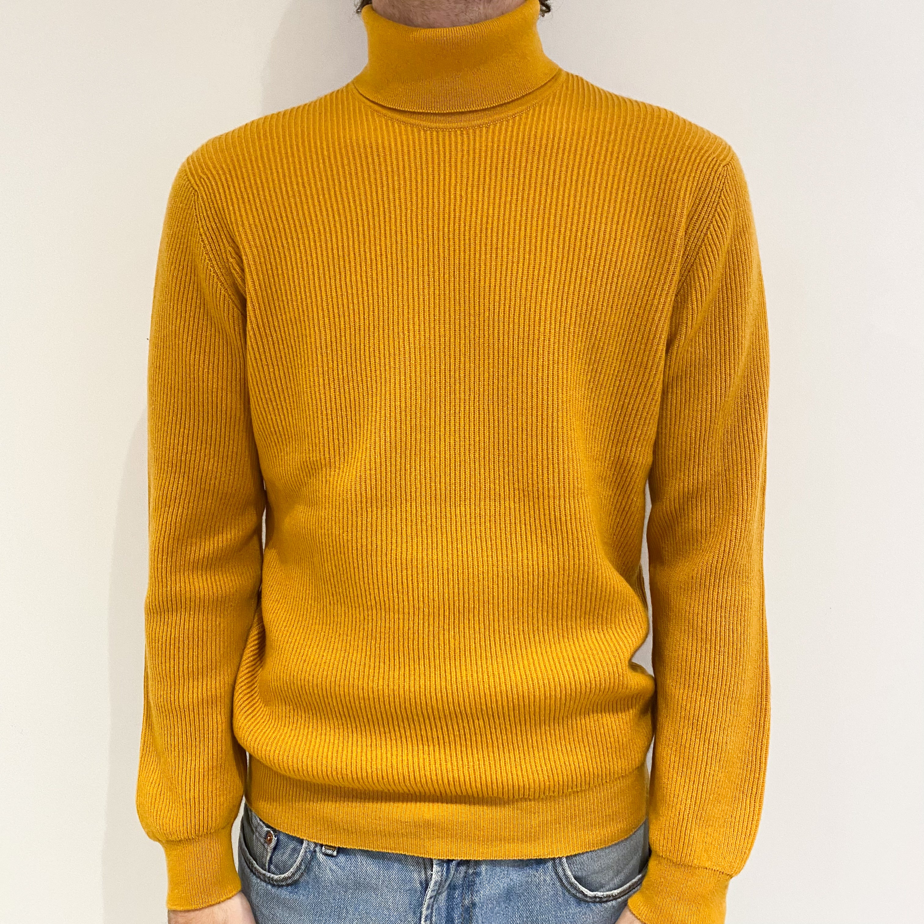 Men’s Brand New Scottish Mustard Yellow Rib Polo Neck Jumper Medium