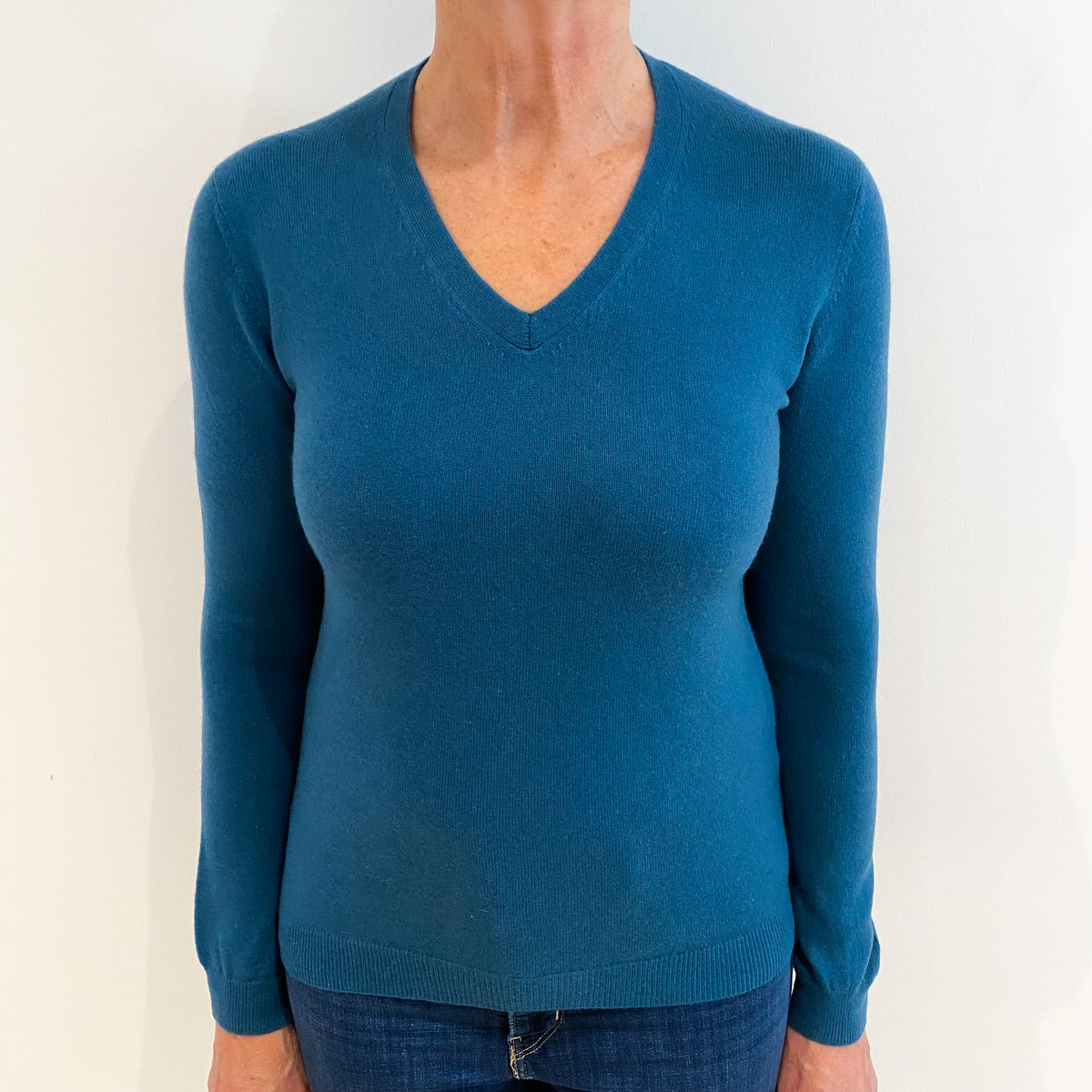 Petrol Blue Cashmere V Neck Jumper Medium
