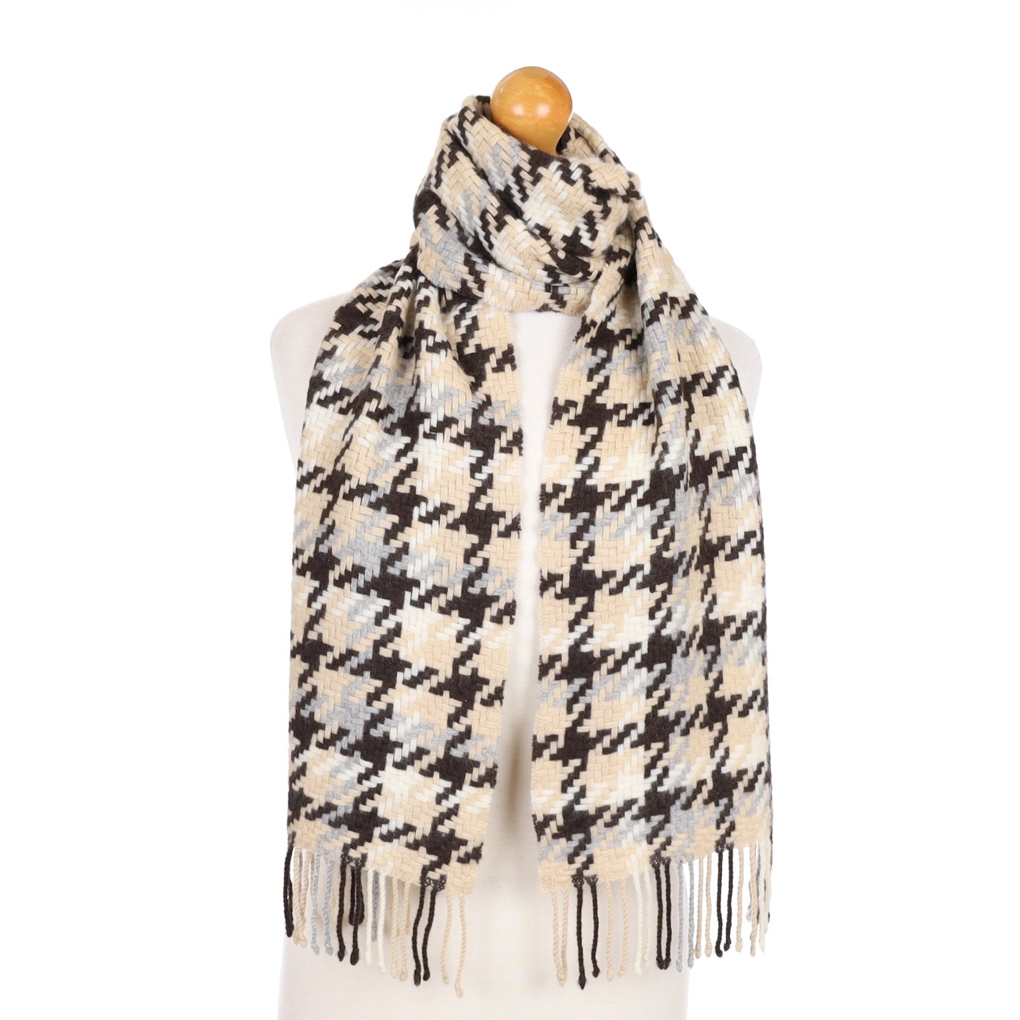 Charcoal and Beige Basket Weave Cashmere Fringed Woven Scarf