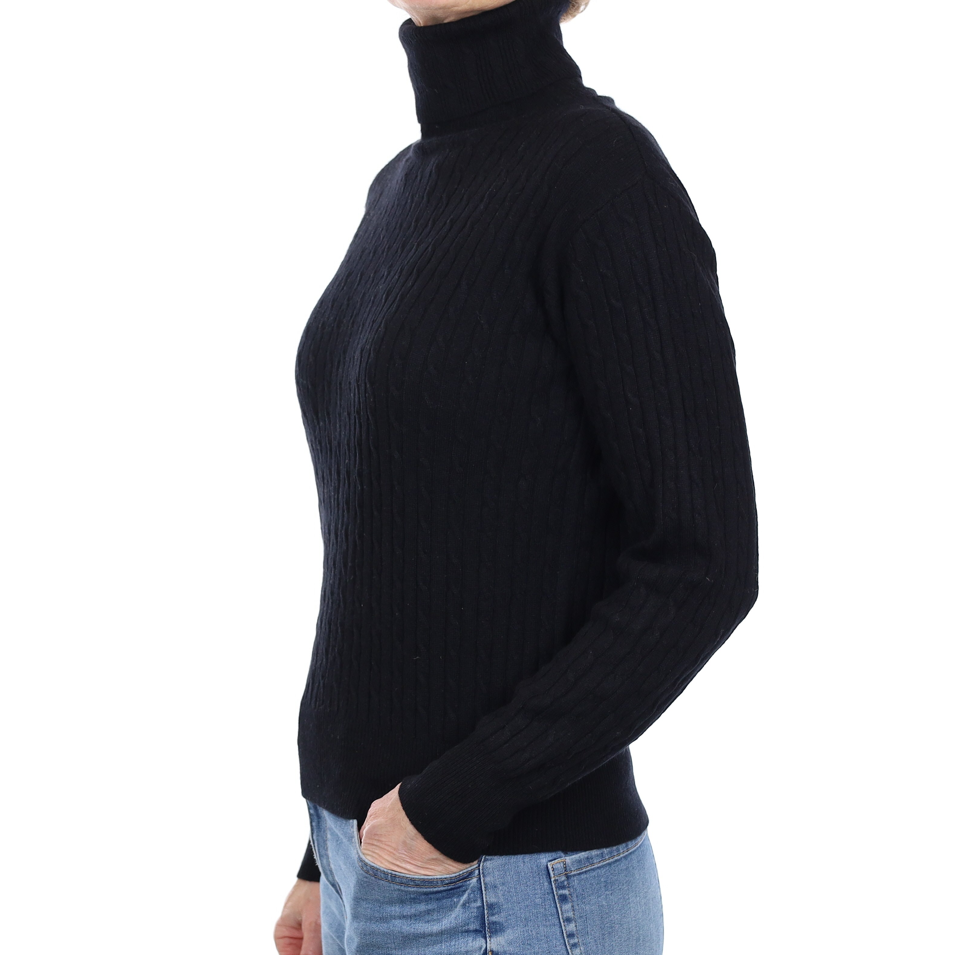 Black Cable Cashmere Polo Neck Jumper Small