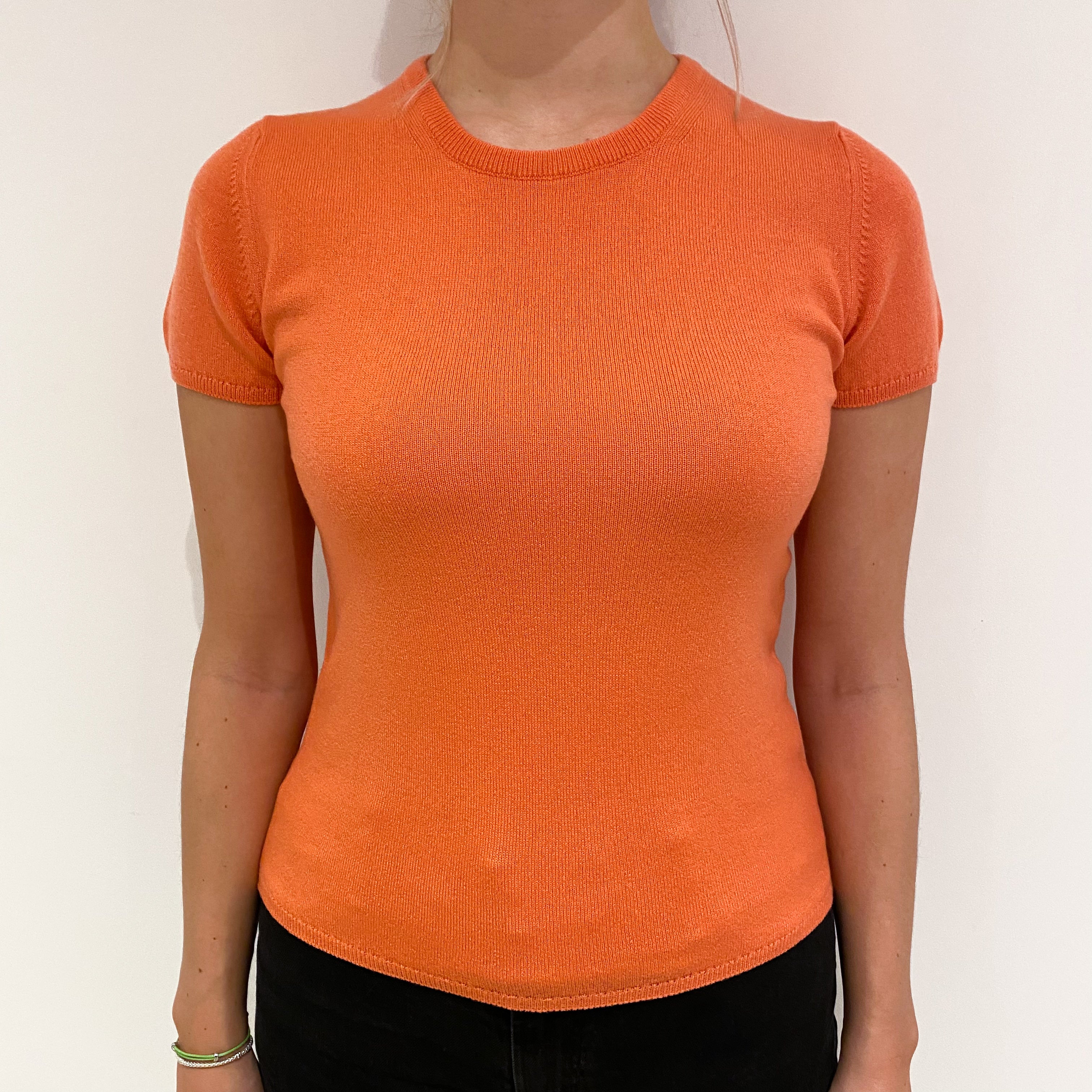 Brand New Scottish Sunset Orange Short Sleeved Cashmere Crew Neck Jumper Small