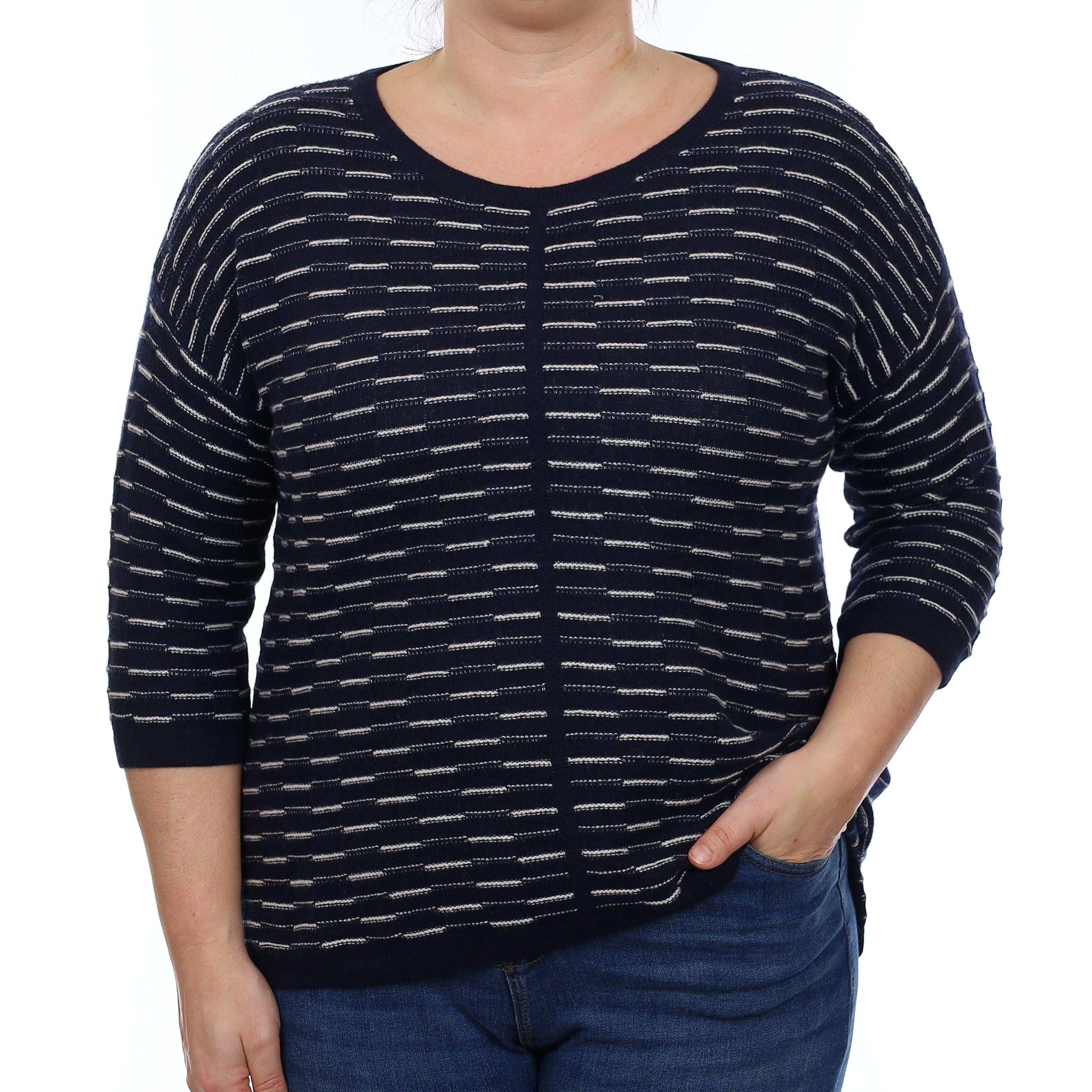 Navy and Ivory Cashmere Boxy Crew Neck Jumper Large
