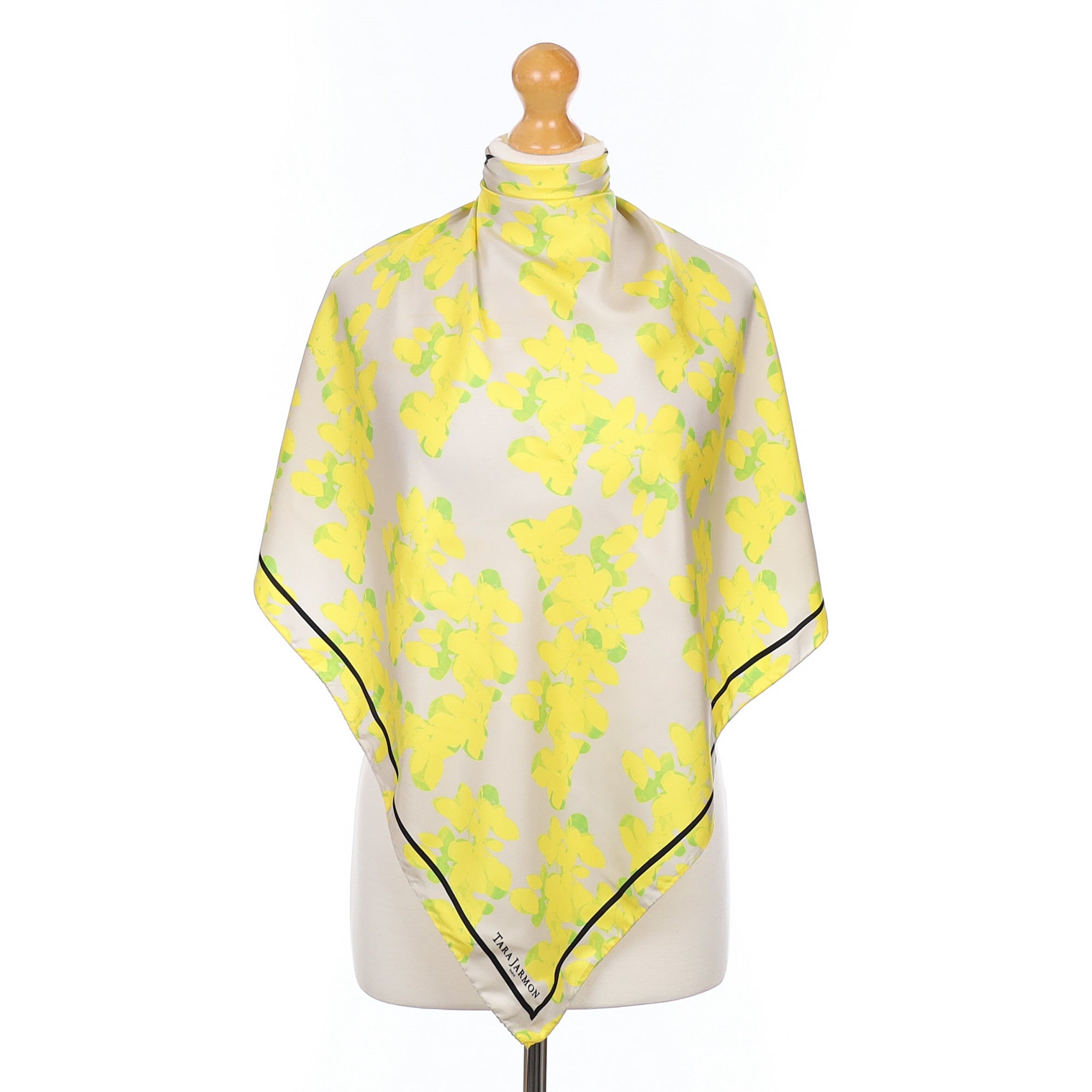 Tara Jarmon Grey and Yellow Leaf Silk Scarf