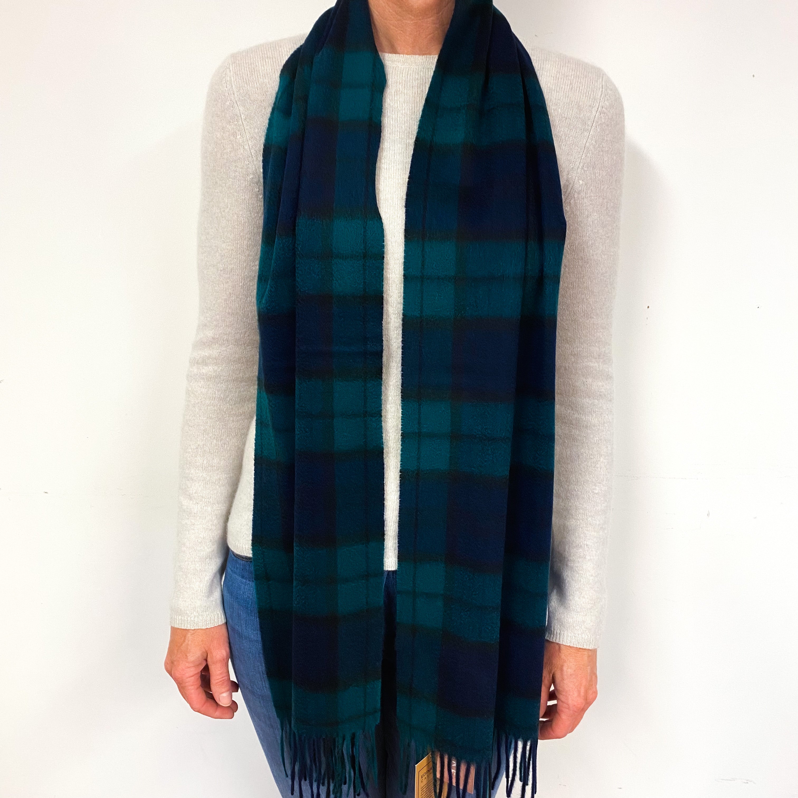 Brand New Navy Blue and Forest Green Tartan Cashmere Fringed Woven Scarf