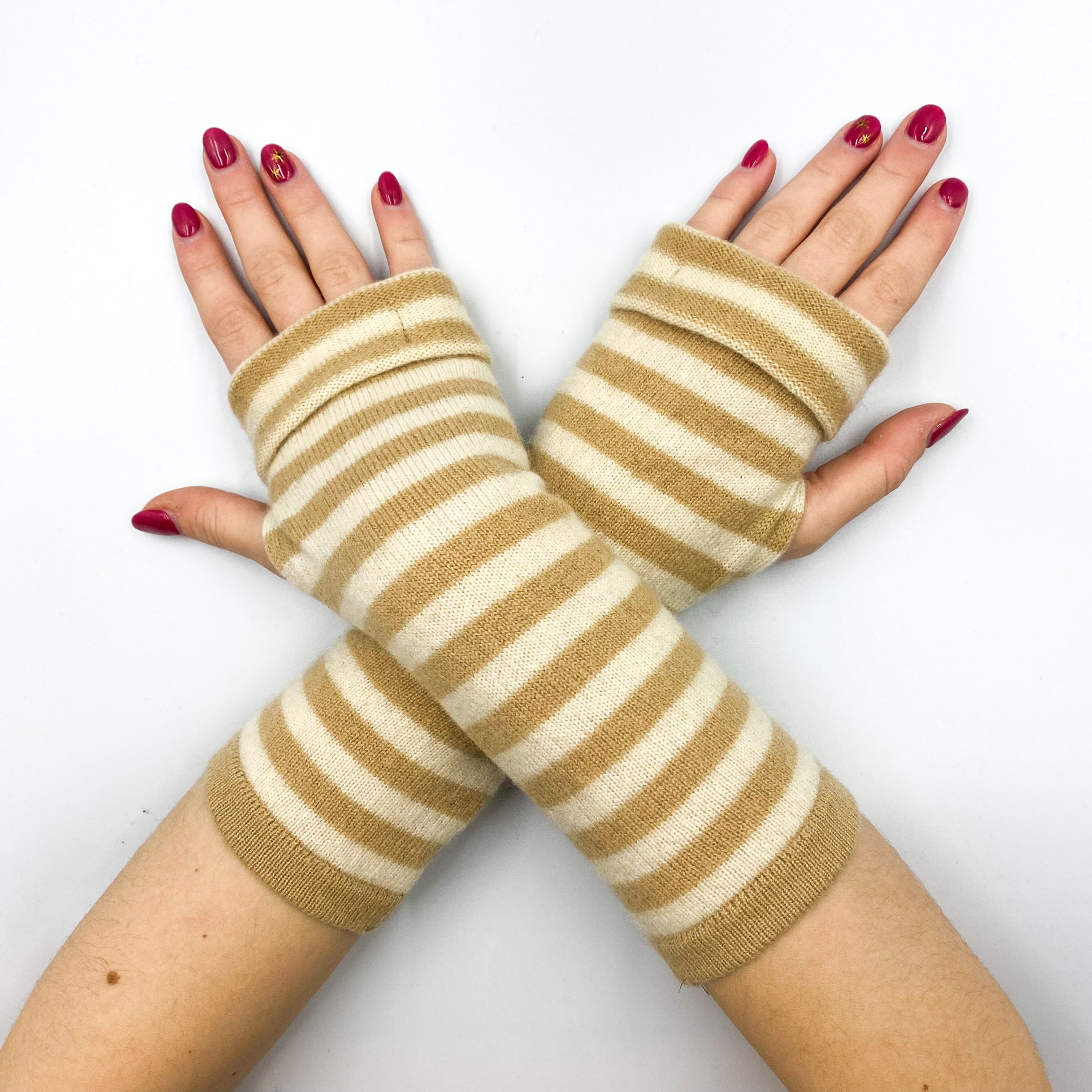 Caramel and Cream Stripe Fingerless Gloves