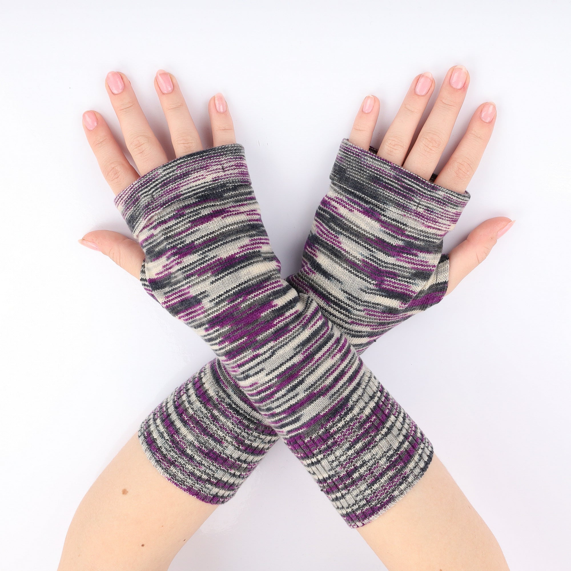 Grey and Purple Patterned Fingerless Gloves