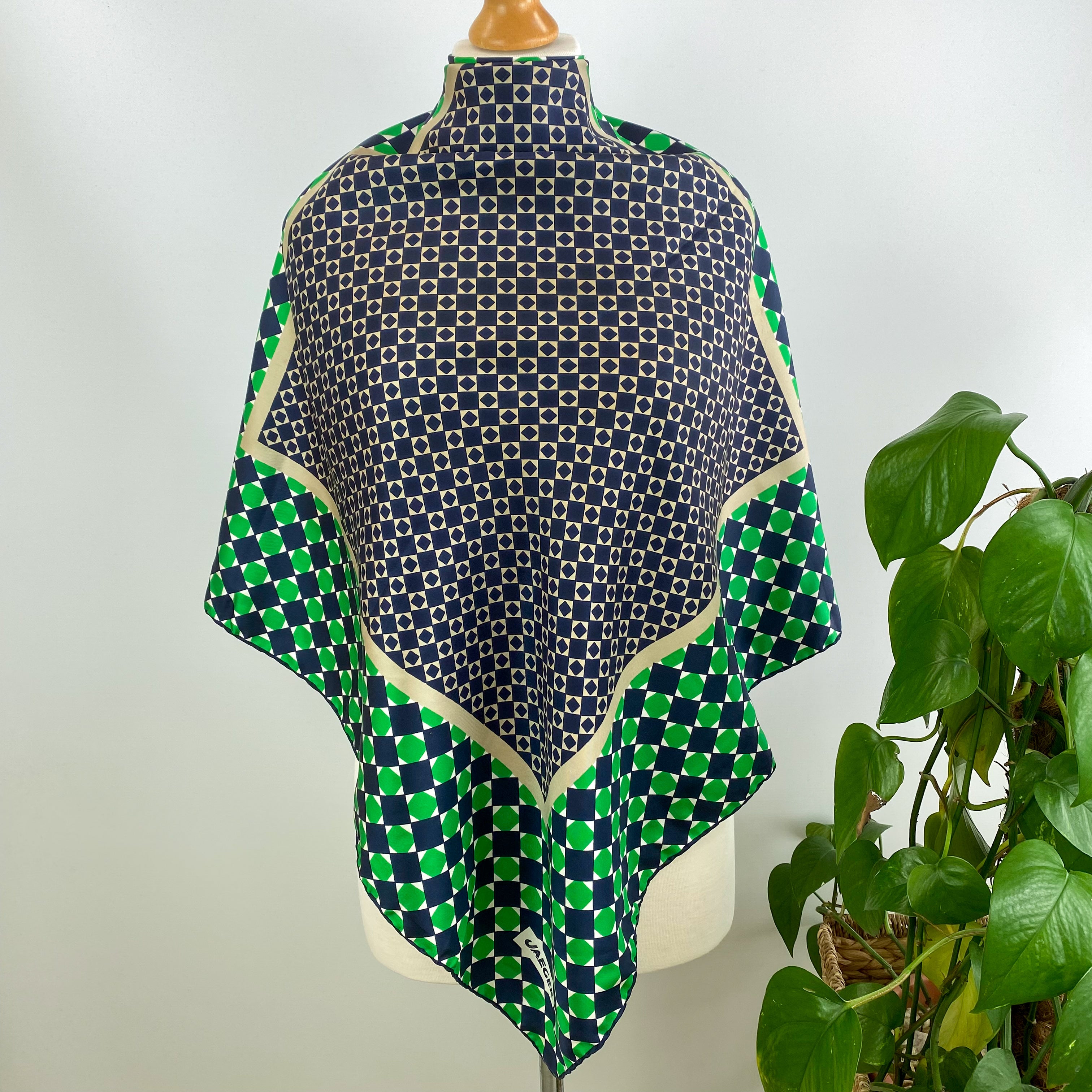 80’s Jaeger Emerald Green & Navy Blue Silk Scarf