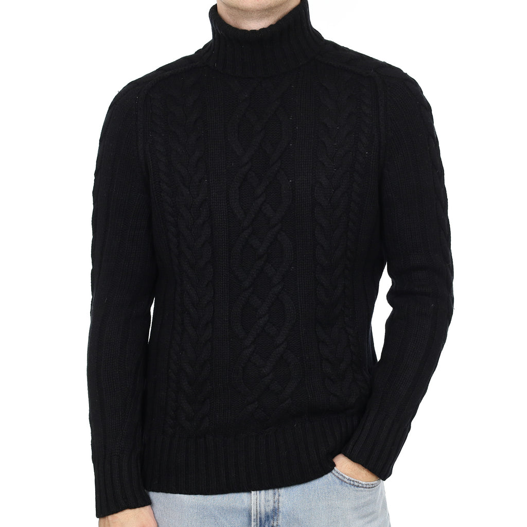 Men's Black Chunky Cable Cashmere Polo Neck Jumper Large
