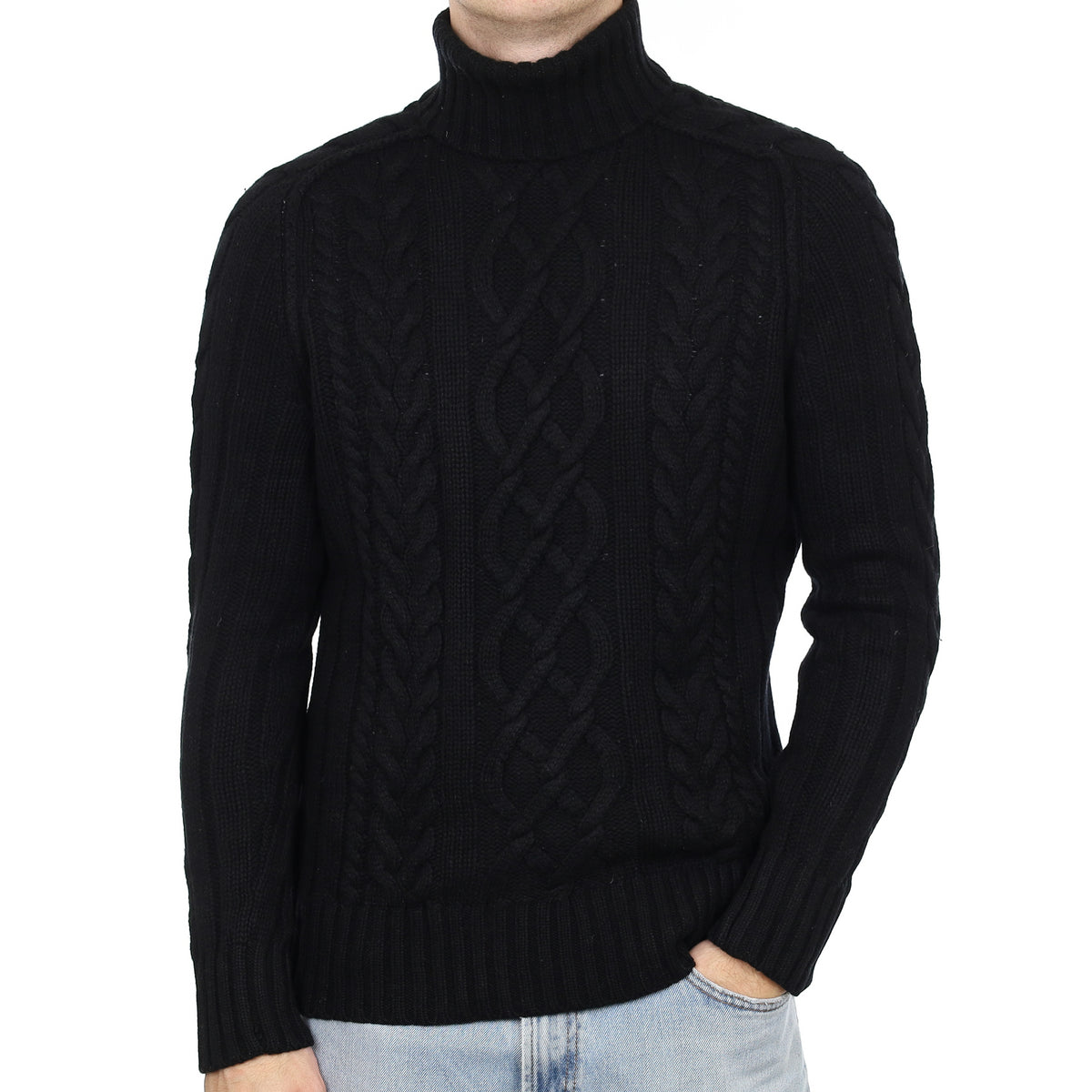 Men's Black Chunky Cable Cashmere Polo Neck Jumper Large