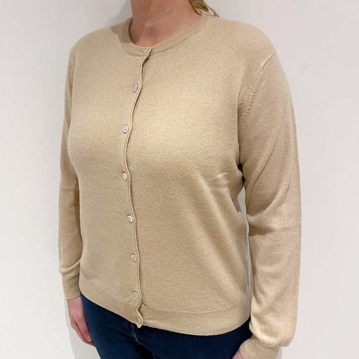 Beige Cashmere Crew Neck Cardigan Large