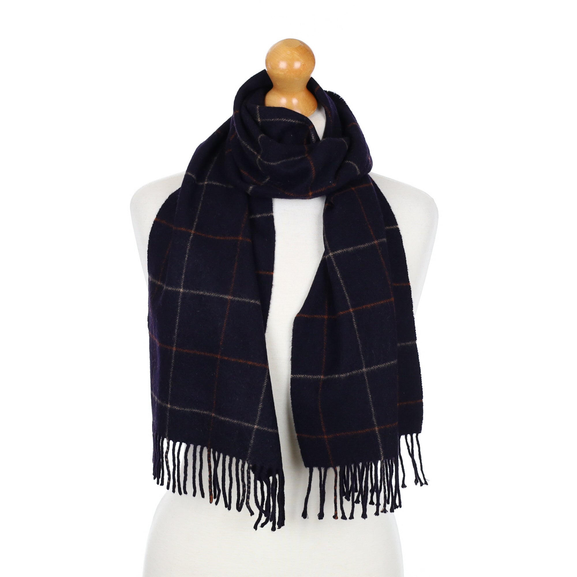 Navy and Orange Checked Fringed Cashmere Woven Scarf