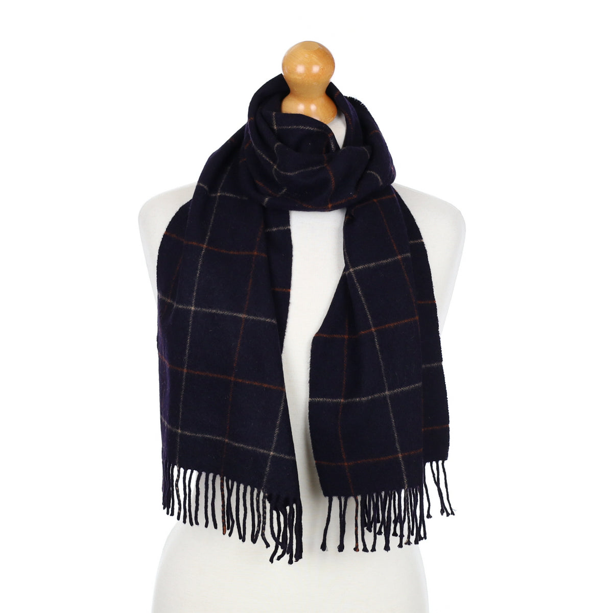 Navy and Orange Checked Fringed Cashmere Woven Scarf