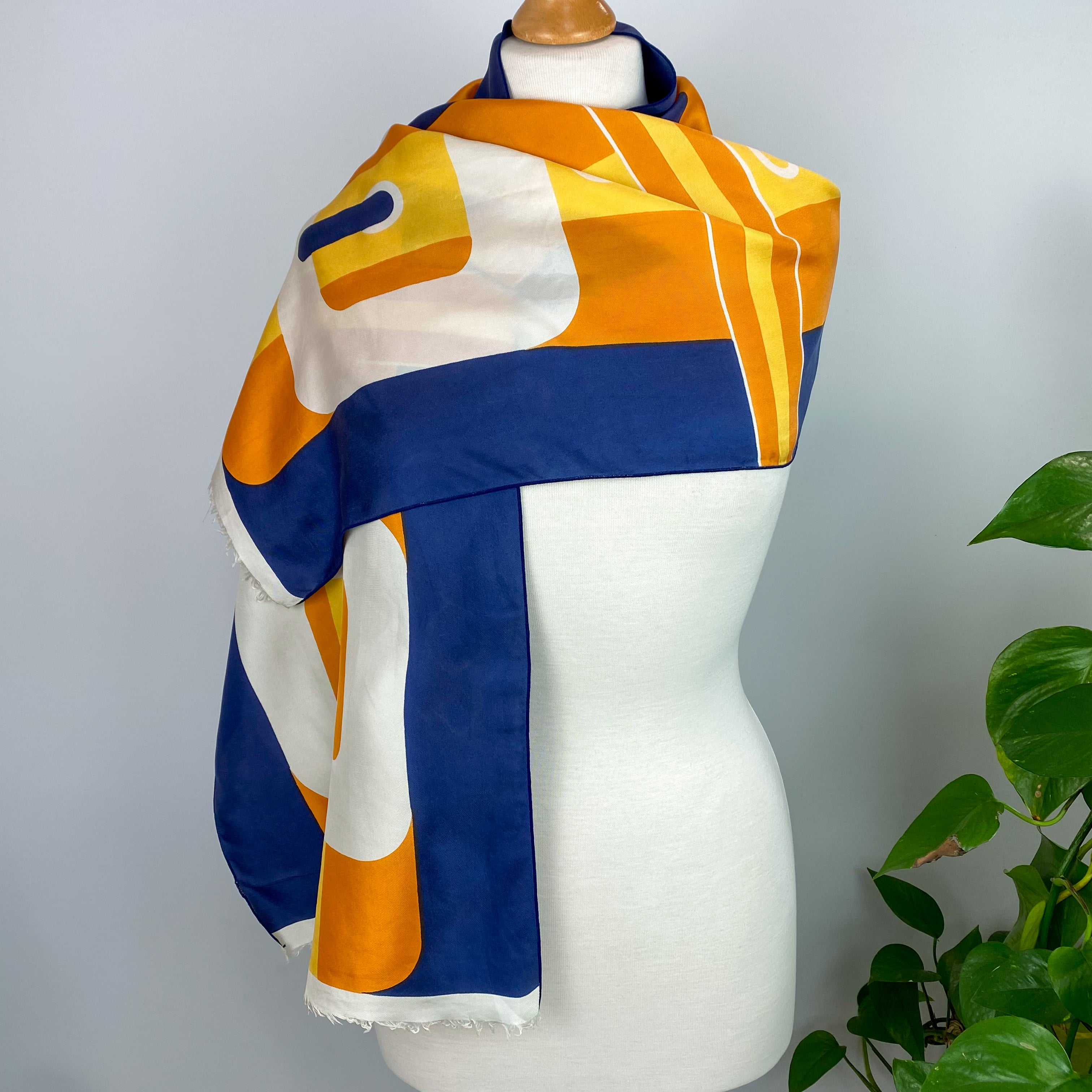 1970’s Yellow and Blue Long Silk Scarf