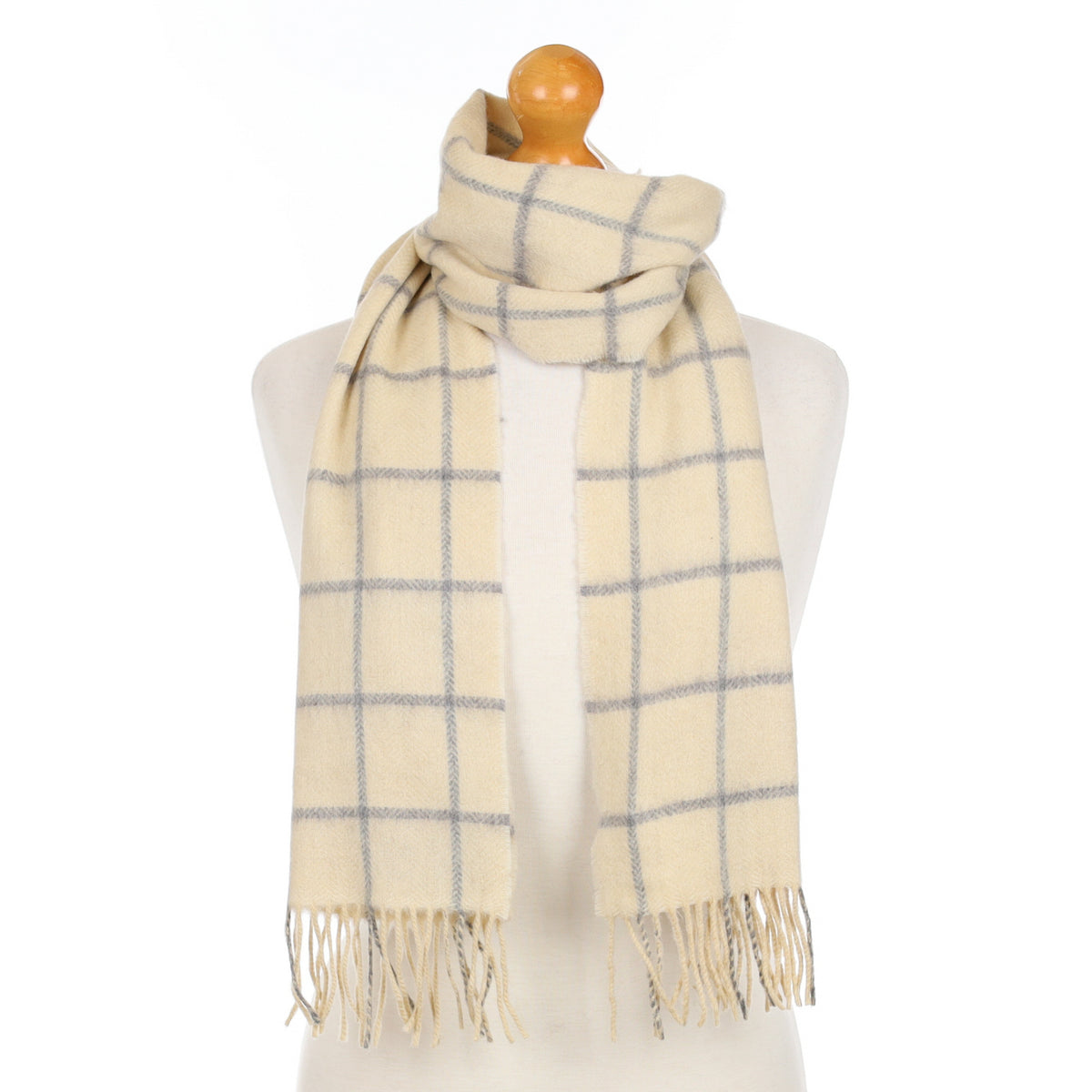 Soft Beige Check Cashmere Fringed Woven Scarf