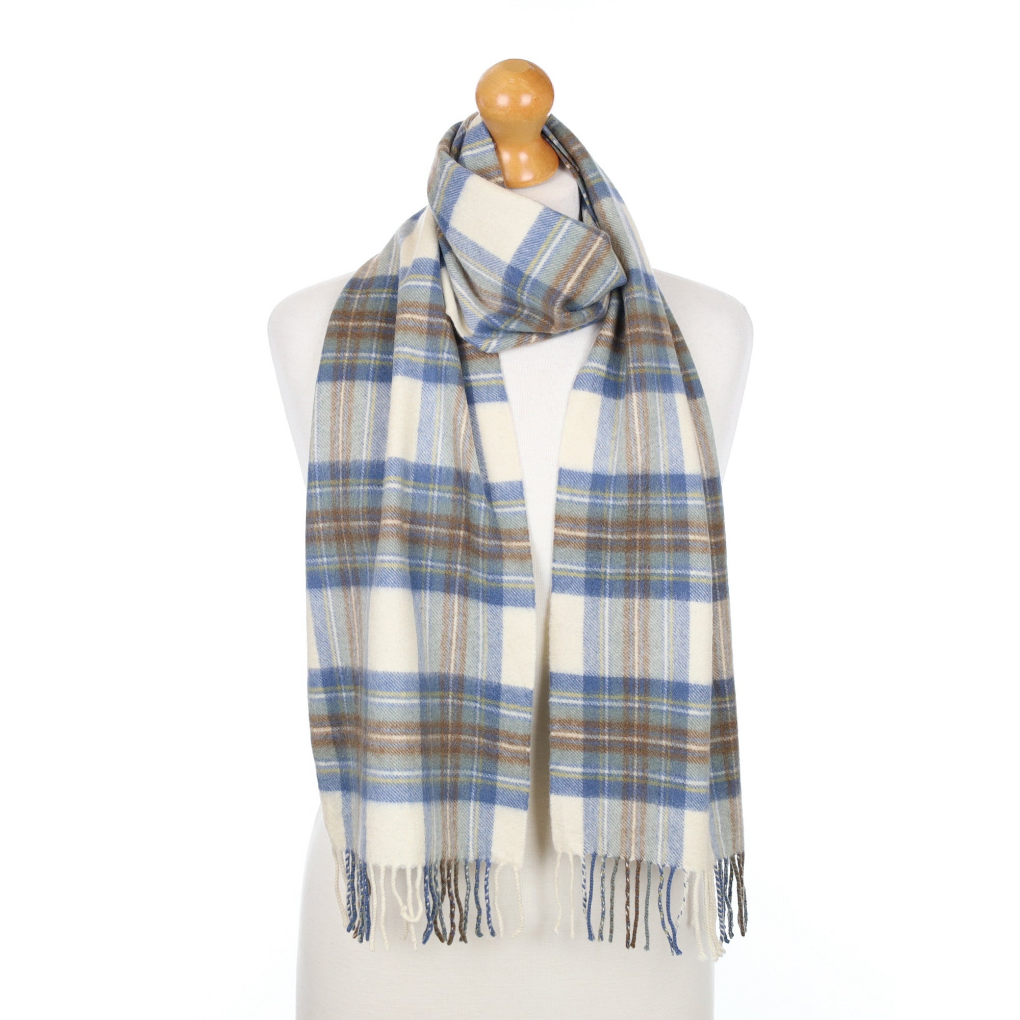 Blue and Cream Checked Fringed Cashmere Woven Scarf