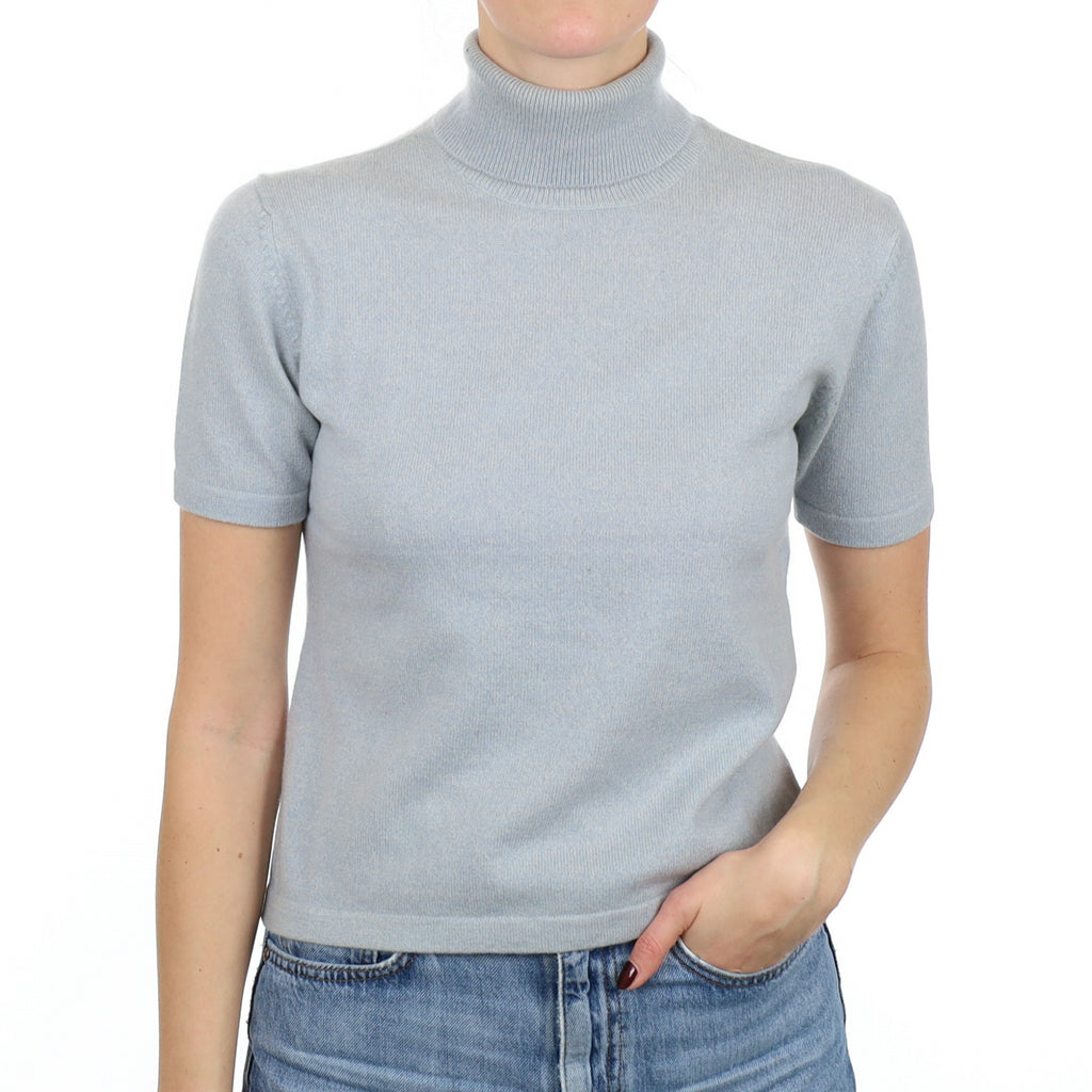 Opal Blue Cashmere Short Sleeve Polo Neck Jumper Small