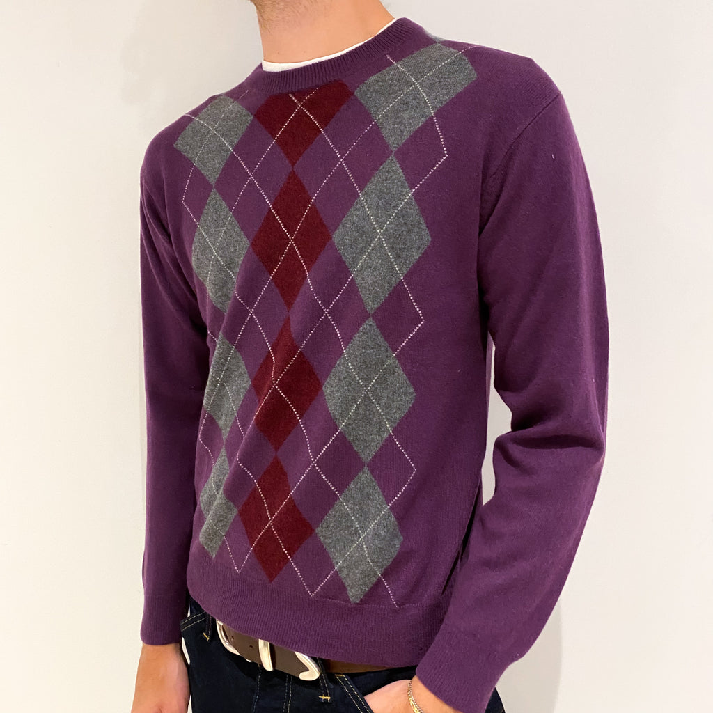 Men's Blueberry Purple Argyle Cashmere Crew Neck Jumper Medium
