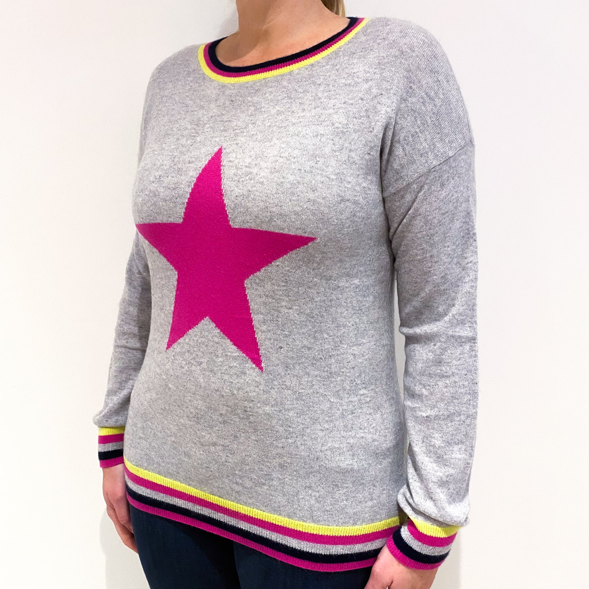 Smoke Grey Star Design Cashmere Crew Neck Jumper Large
