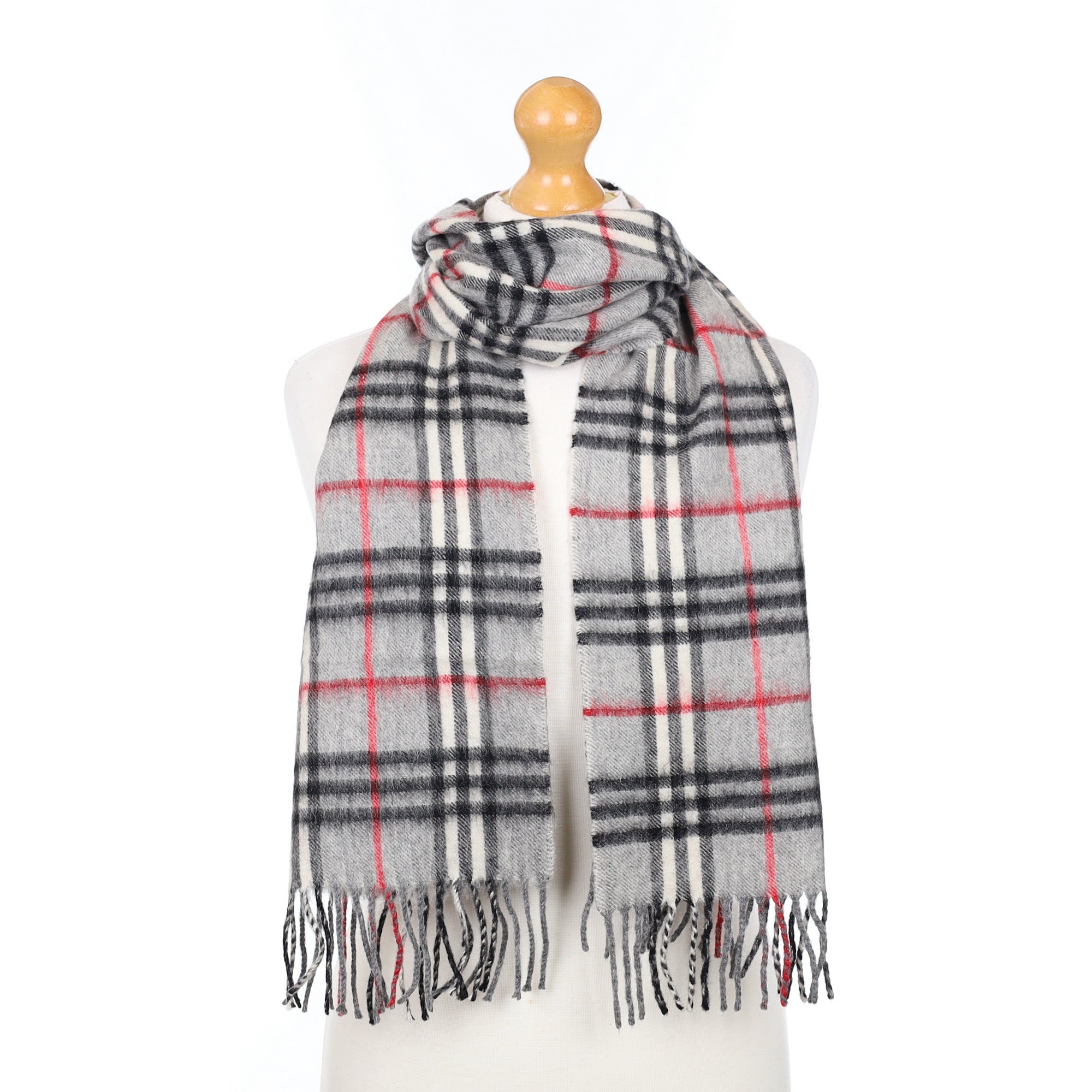 Burberry Grey and Red Plaid Cashmere Woven Scarf