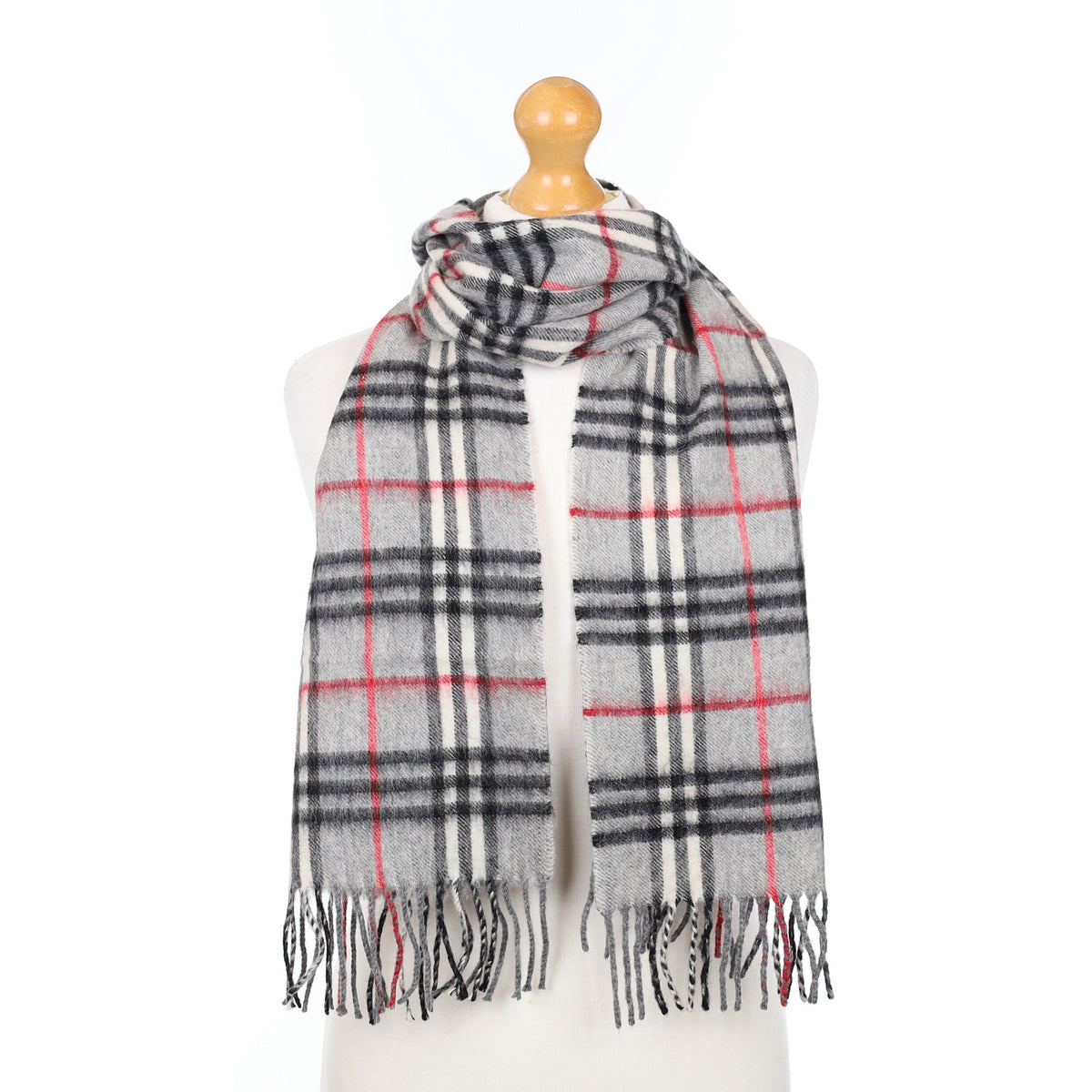Burberry Grey and Red Plaid Cashmere Woven Scarf