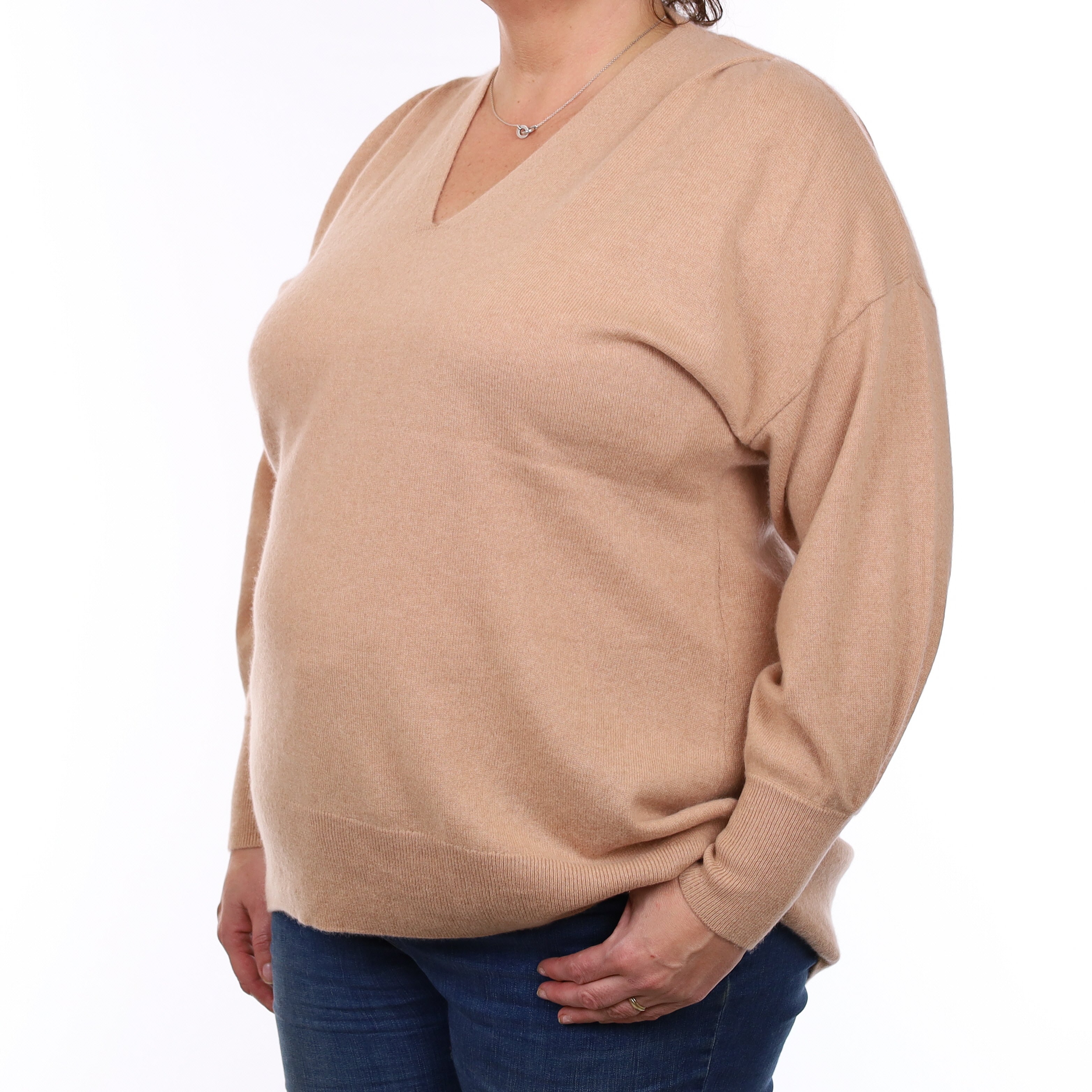 Pale Caramel Brown Cashmere V Neck Jumper Extra Large