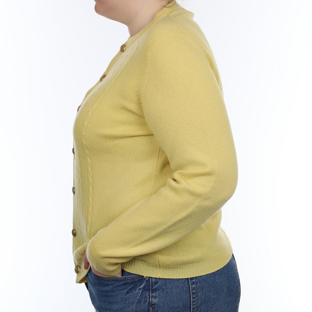 Vintage Pringle Yellow Heavy Knit Cashmere Crew Neck Cardigan Large