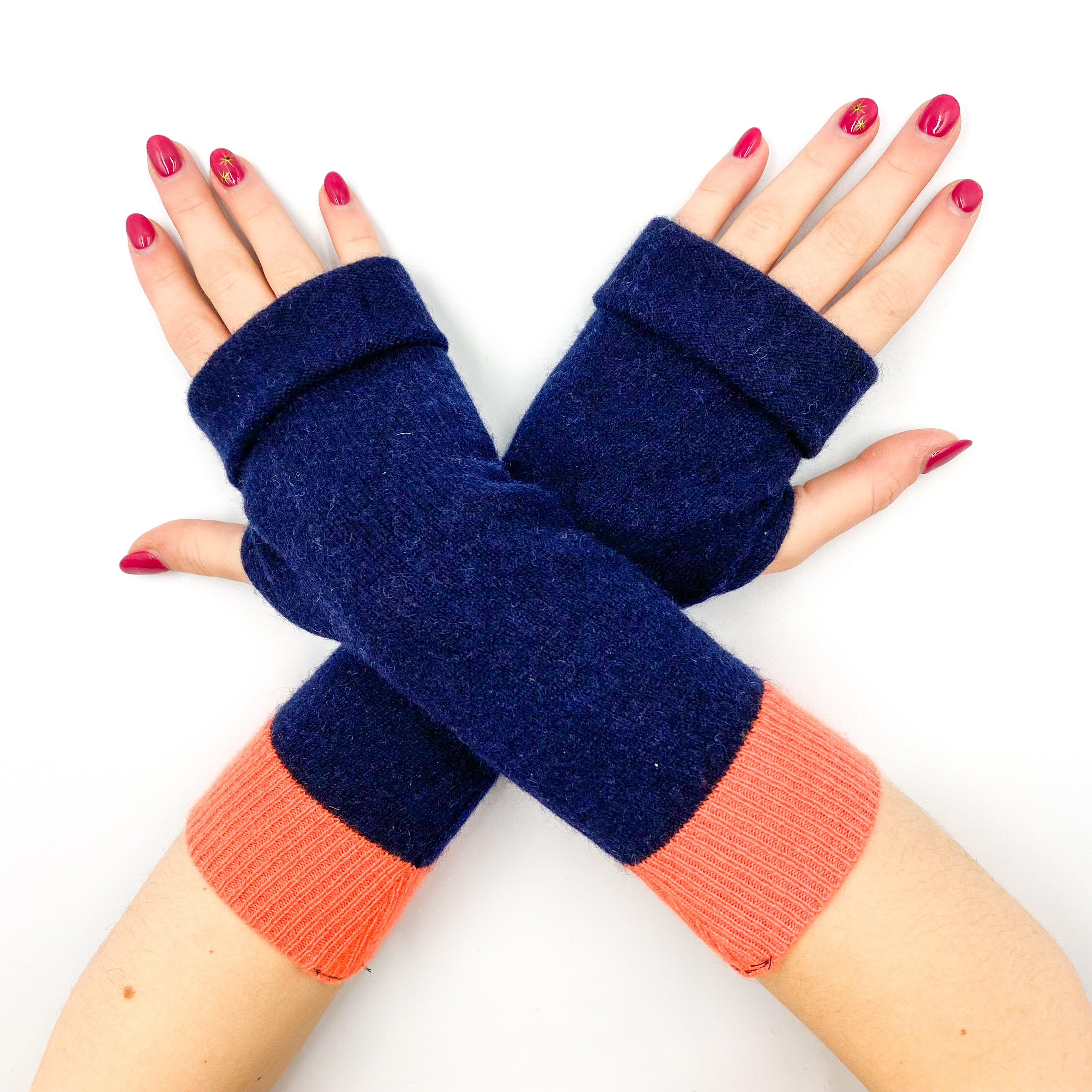 Navy and Sunset Orange Fingerless Gloves