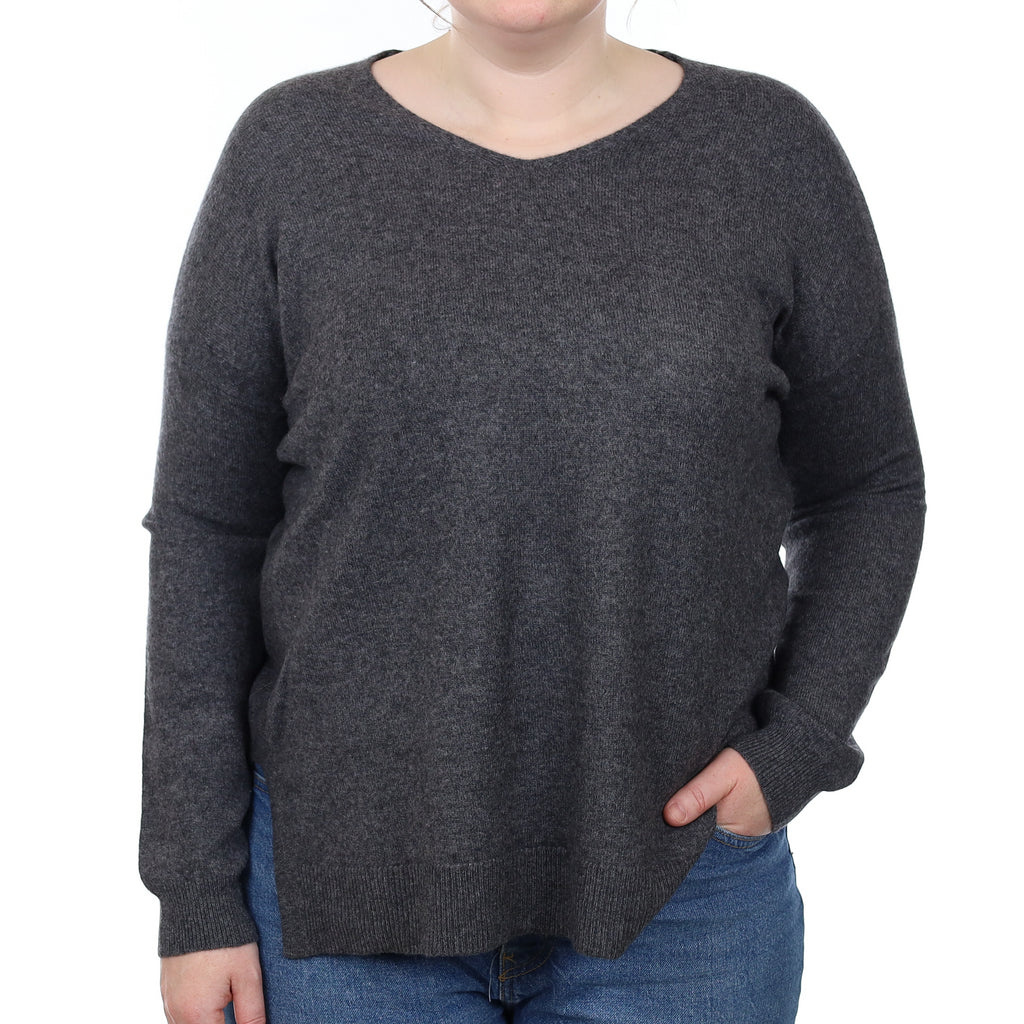 Slate Grey Cashmere Longline V Neck Jumper Large